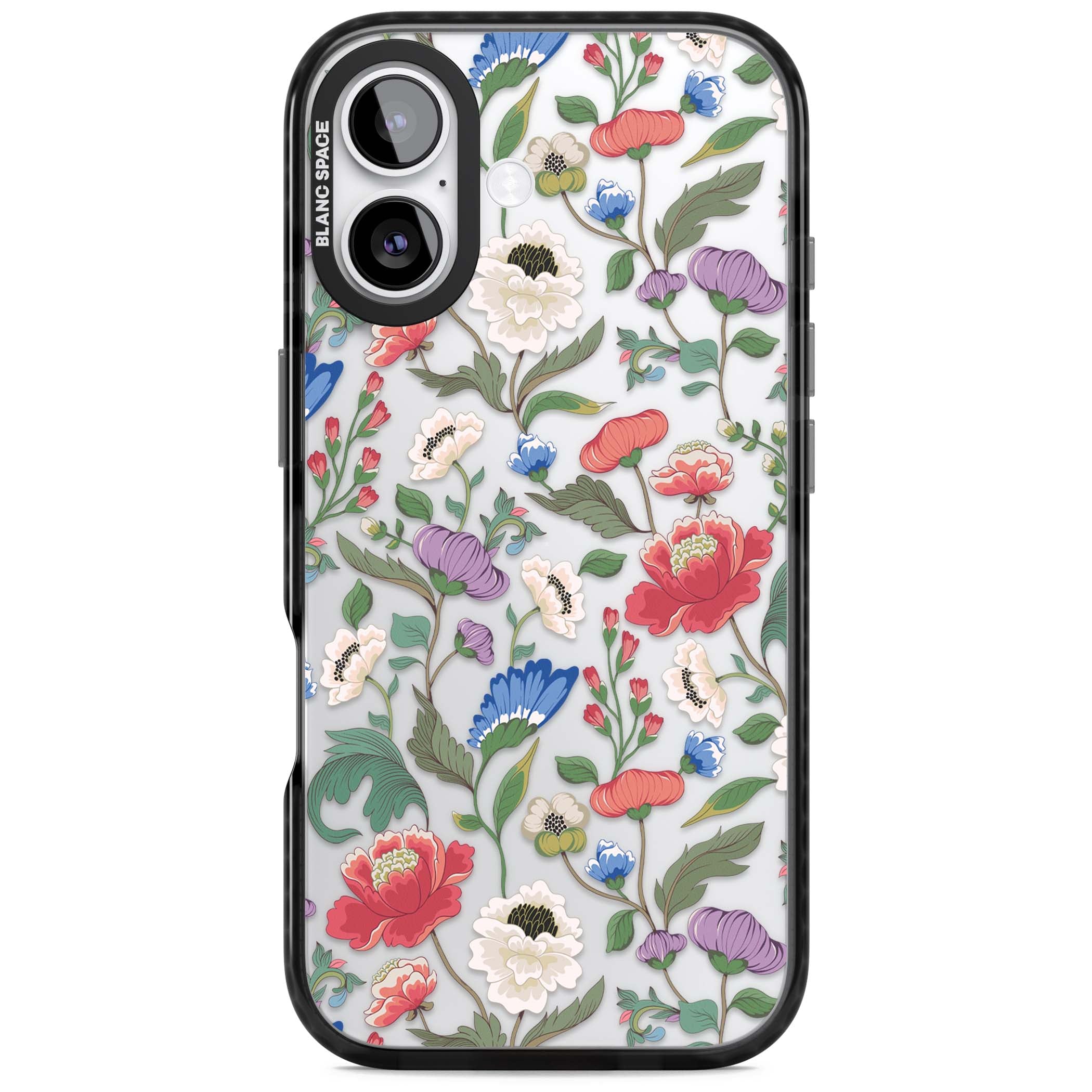 Chinoiserie Bloom vintage floral iPhone case featuring hand-painted peonies, poppies and trailing wildflowers on clear... | Clear Impact case for iPhone 17