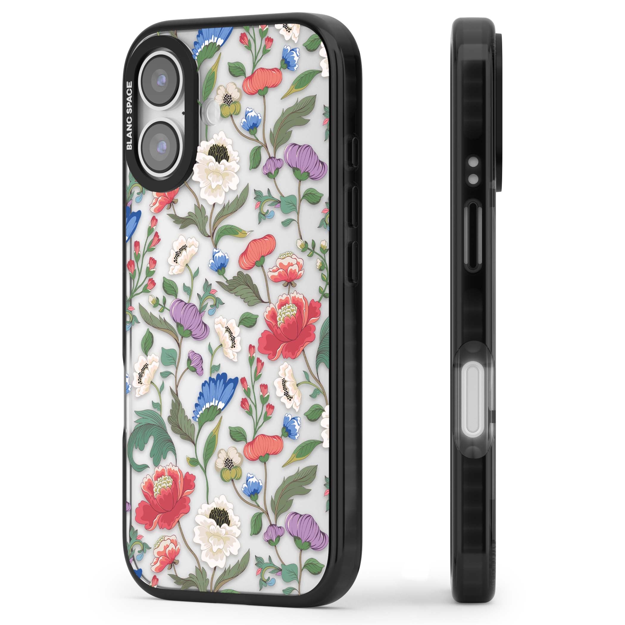 Chinoiserie Bloom vintage floral iPhone case featuring hand-painted peonies, poppies and trailing wildflowers on clear... | Clear Impact case for iPhone 17