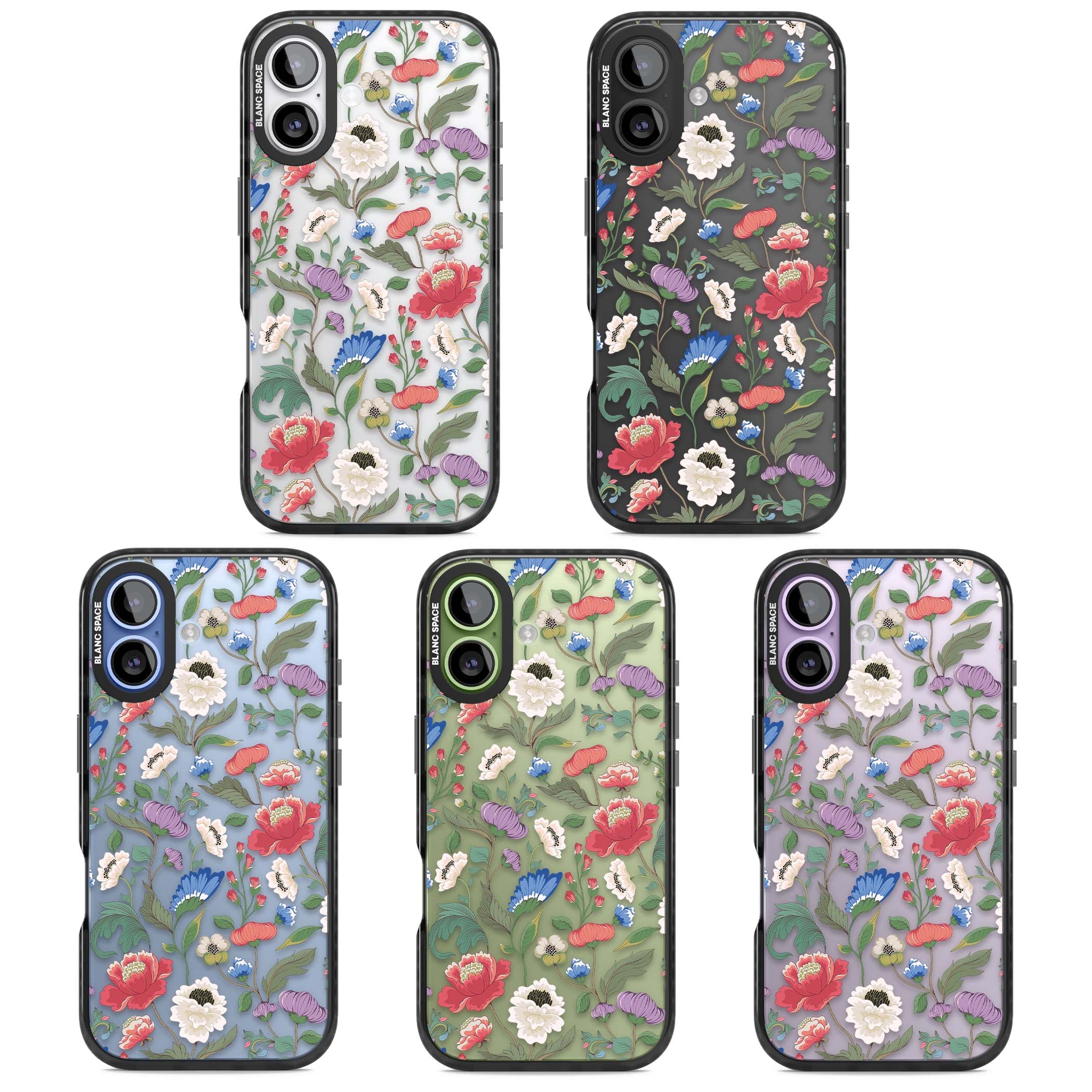 Chinoiserie Bloom vintage floral iPhone case featuring hand-painted peonies, poppies and trailing wildflowers on clear... | Clear Impact case for iPhone 17
