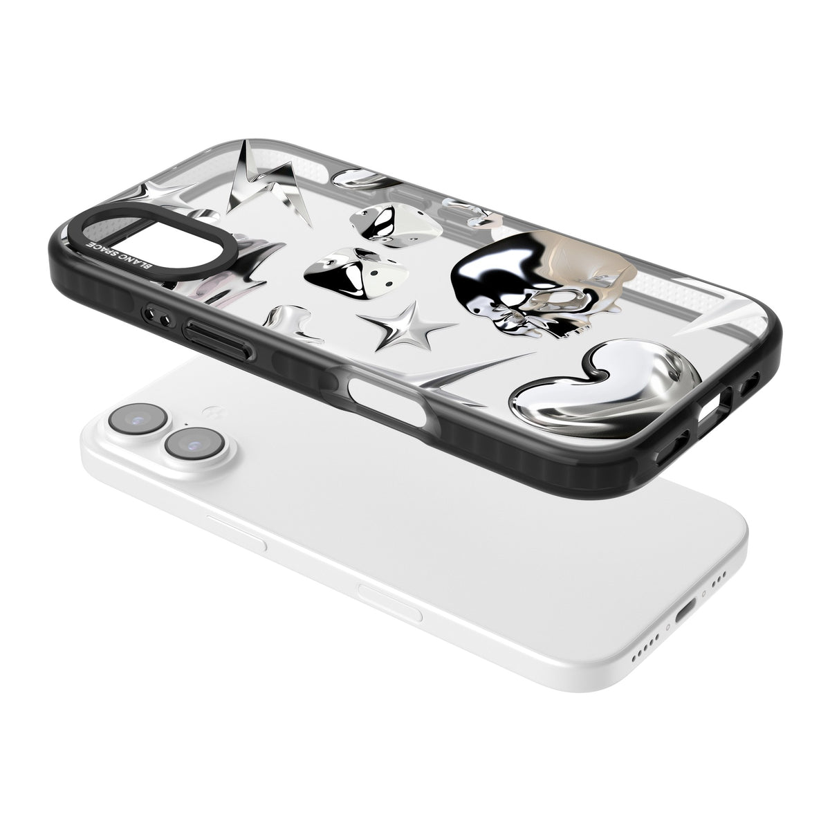 Chromed iPhone 16 / iPhone 16 Plus / iPhone 17 Impact Black Phone Case angled
