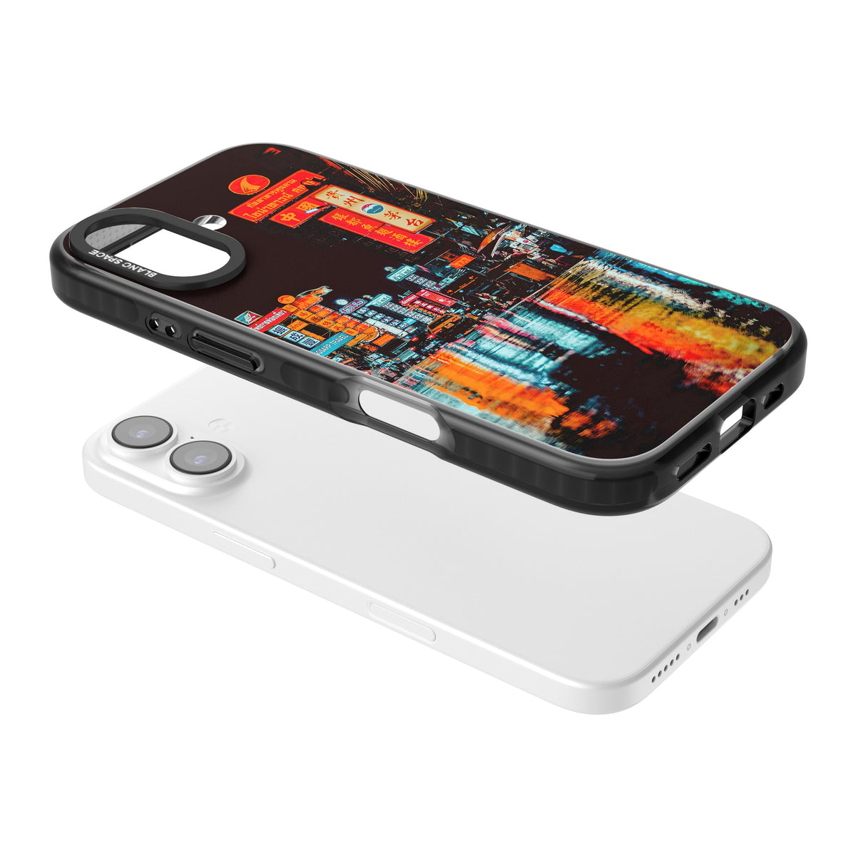 Neon City iPhone 16 / iPhone 16 Plus / iPhone 17 Impact Black Phone Case angled