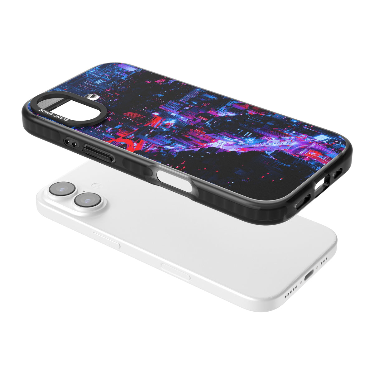 Neon Cityscape iPhone 16 / iPhone 16 Plus / iPhone 17 Impact Black Phone Case angled