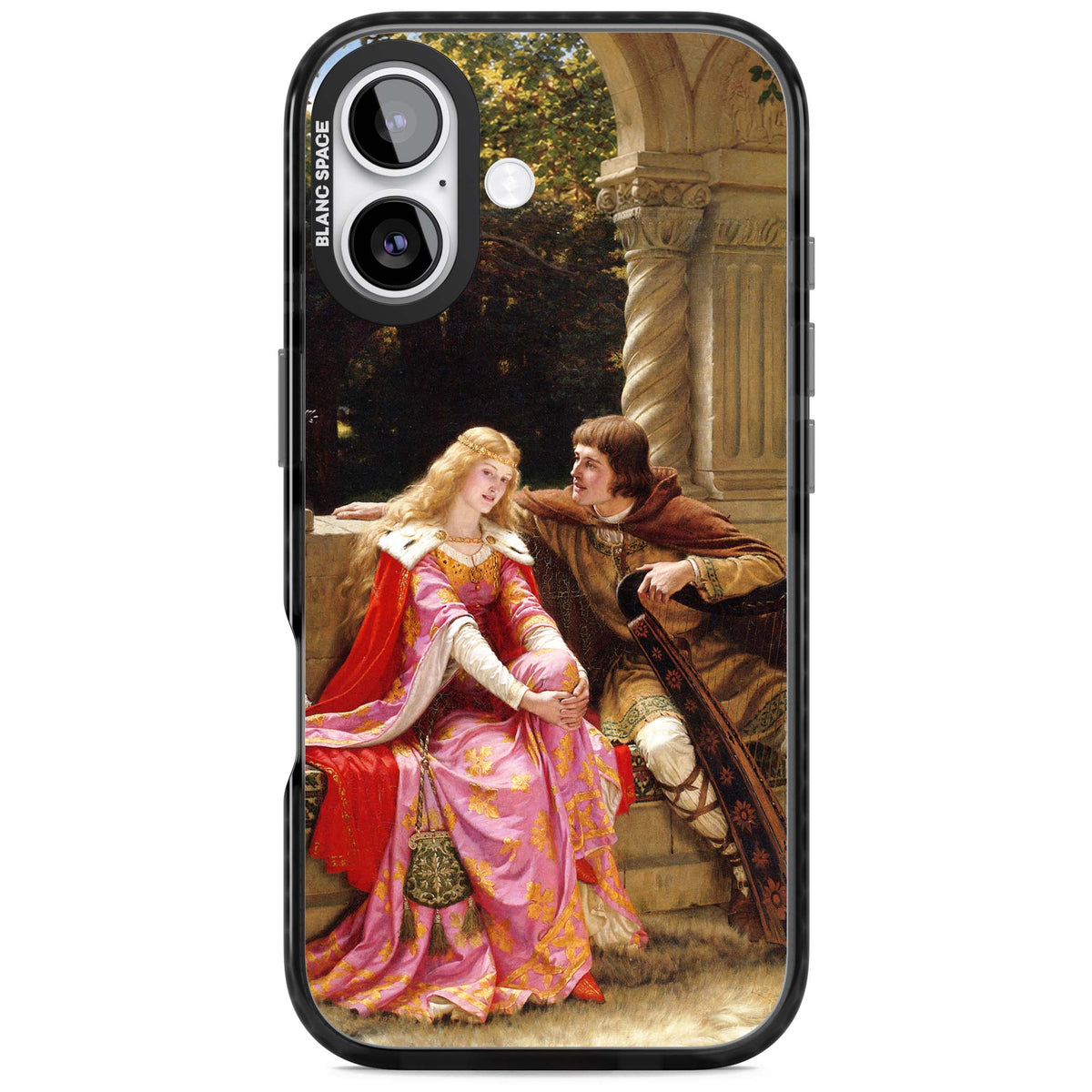 The End of the Song classic art iPhone case featuring a medieval lady in pink gown and her knight in a stone archway | Clear Impact case for iPhone 17