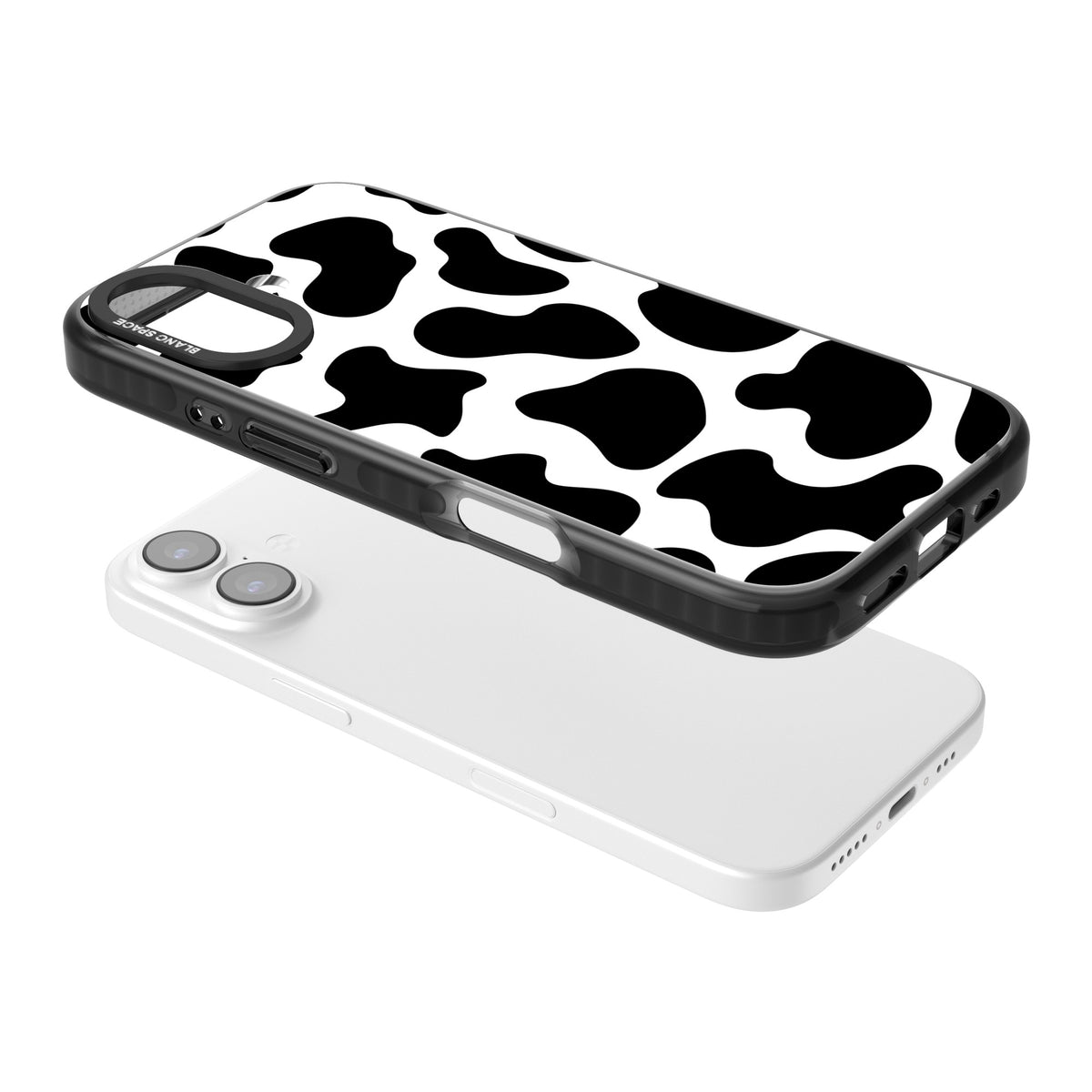 Cow Print iPhone 16 / iPhone 16 Plus / iPhone 17 Impact Black Phone Case angled