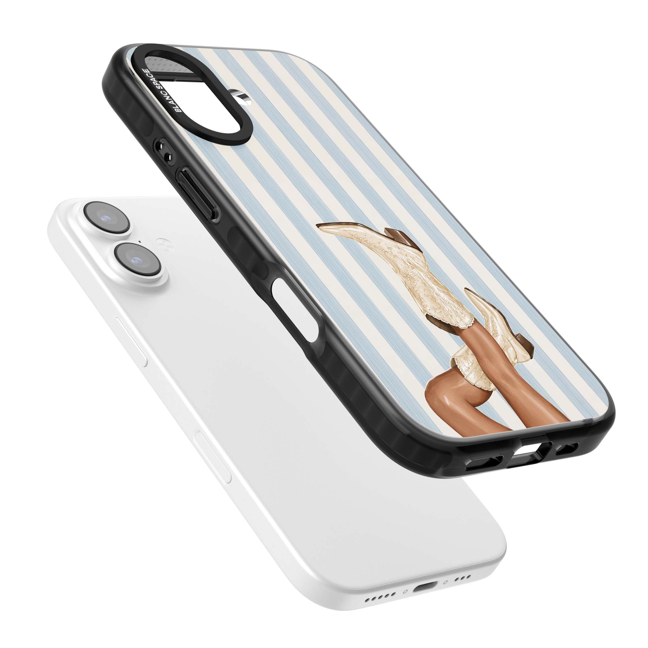 Cowgirl Boots coastal cowgirl iPhone case featuring embroidered western boots, tanned legs and a blue stripe backdrop | Clear Impact case for iPhone 17