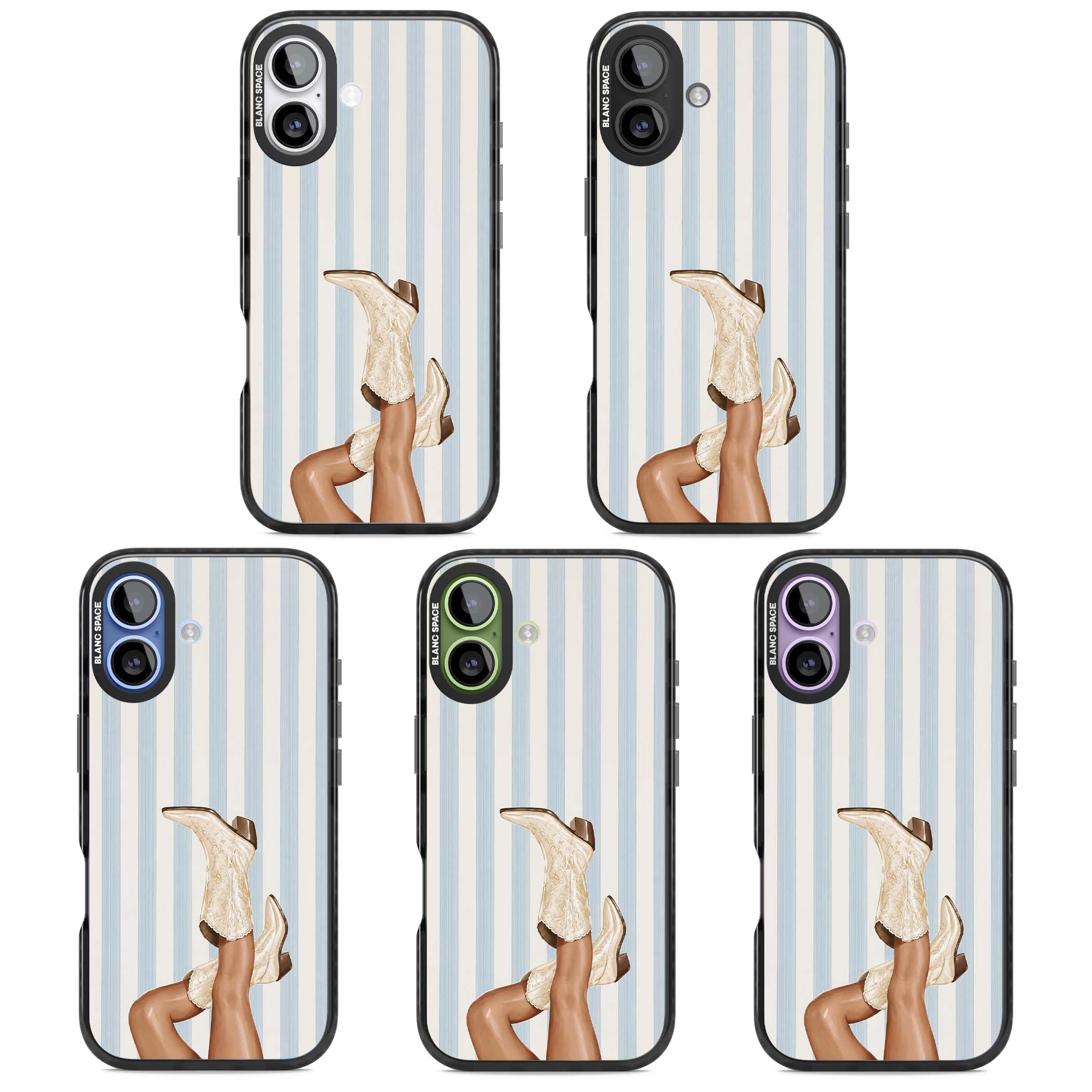 Cowgirl Boots coastal cowgirl iPhone case featuring embroidered western boots, tanned legs and a blue stripe backdrop | Clear Impact case for iPhone 17
