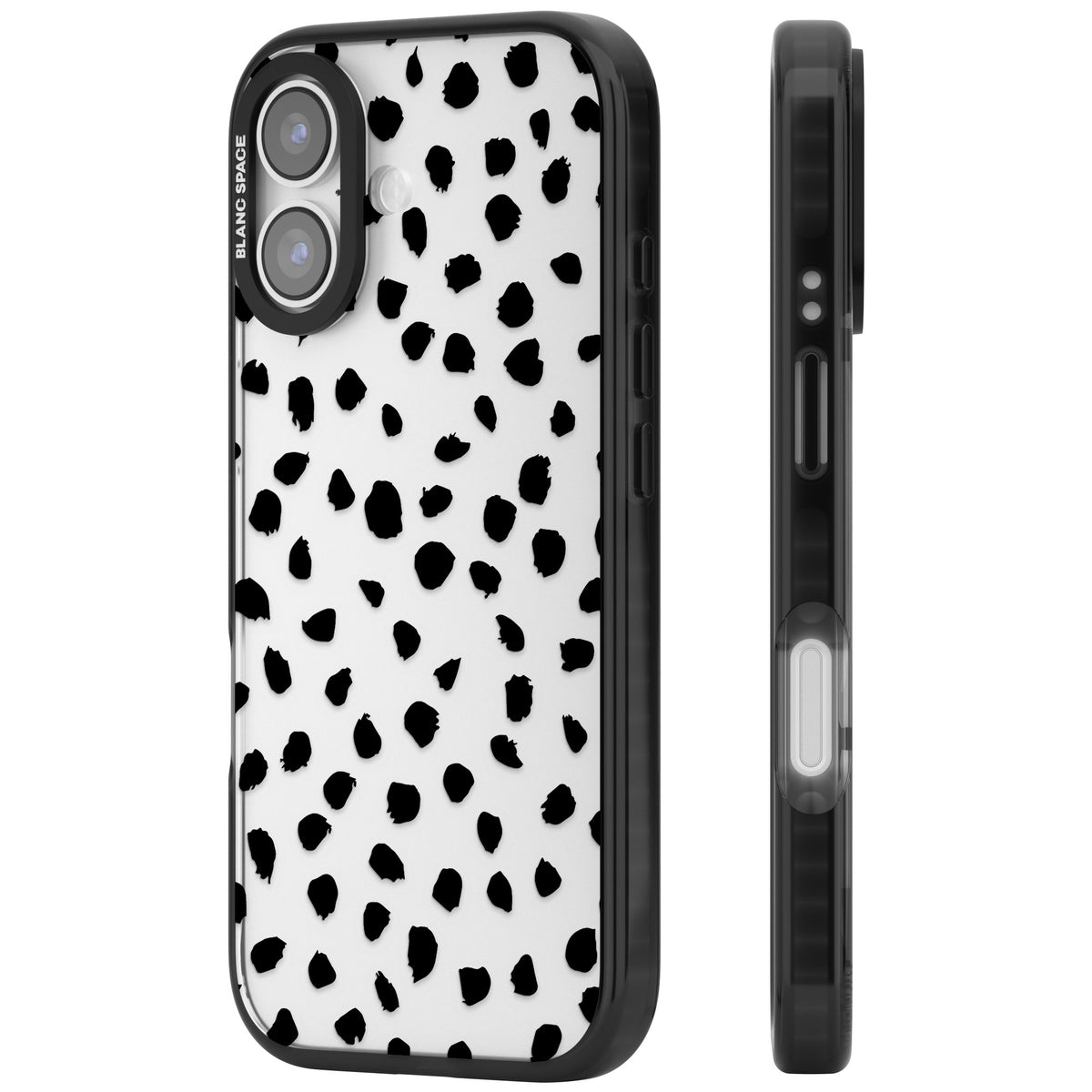 Black Dalmatian Polka Dot iPhone 16 / iPhone 16 Plus / iPhone 17 Impact Black Phone Case side