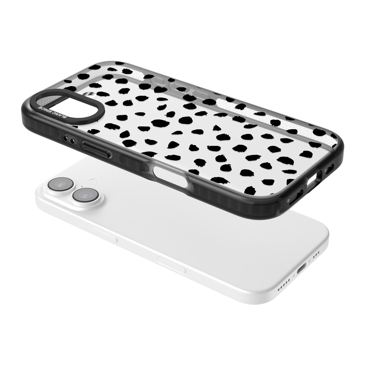 Black Dalmatian Polka Dot iPhone 16 / iPhone 16 Plus / iPhone 17 Impact Black Phone Case angled