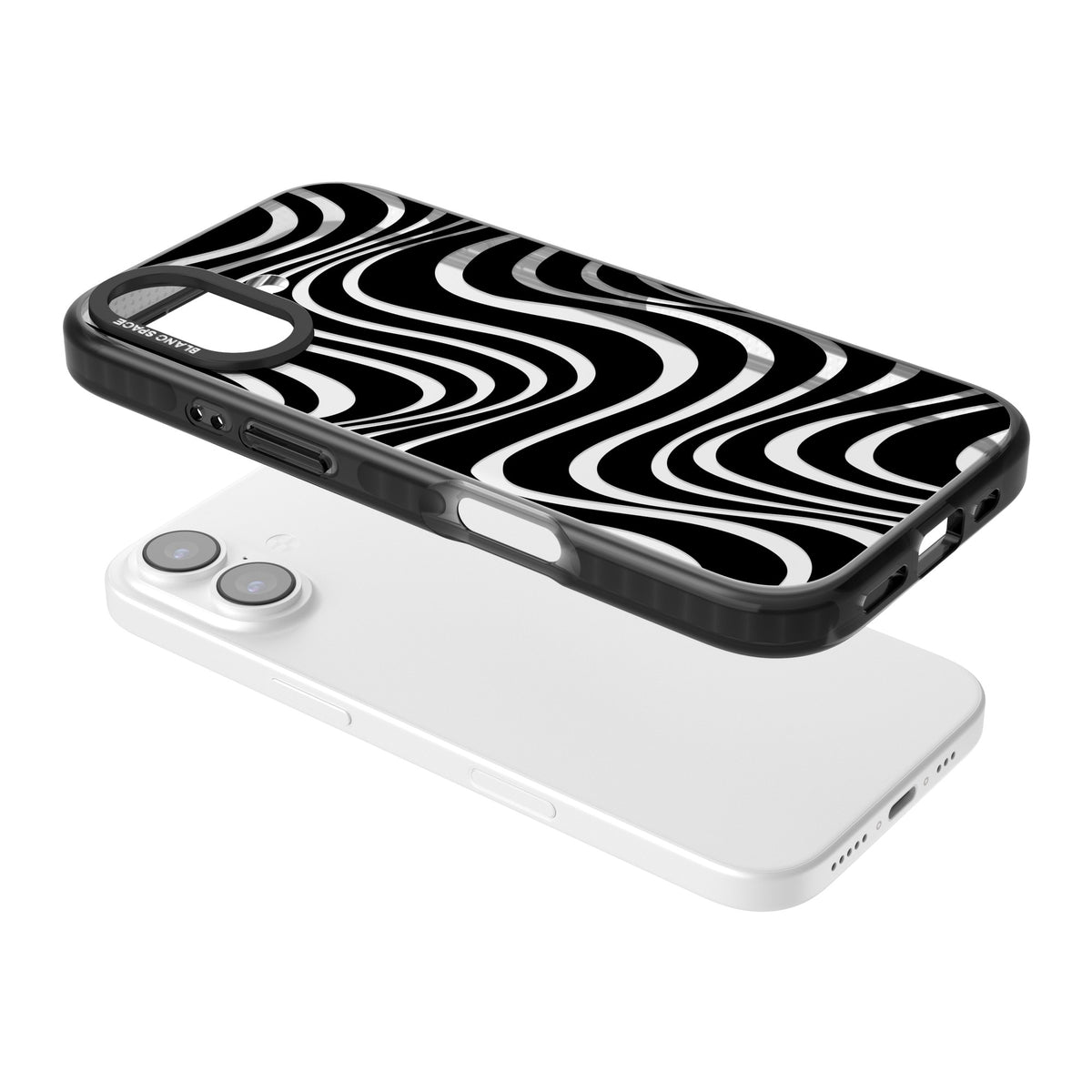 Abstract Waves iPhone 16 / iPhone 16 Plus / iPhone 17 Impact Black Phone Case angled