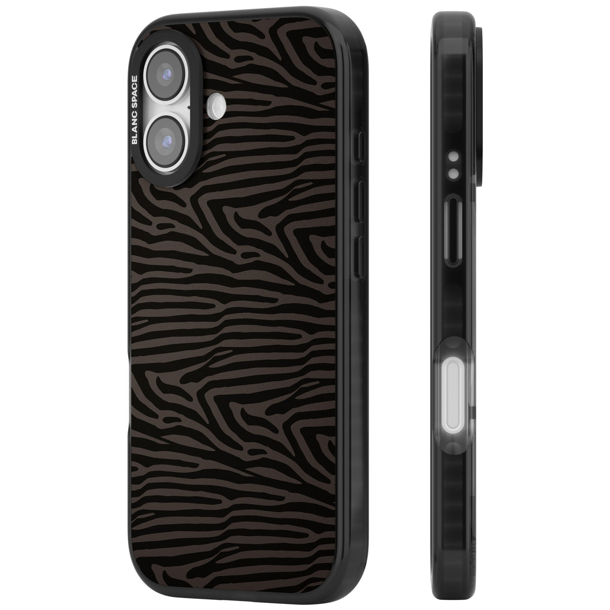 Dark Zebra Print iPhone 16 / iPhone 16 Plus / iPhone 17 Impact Black Phone Case side