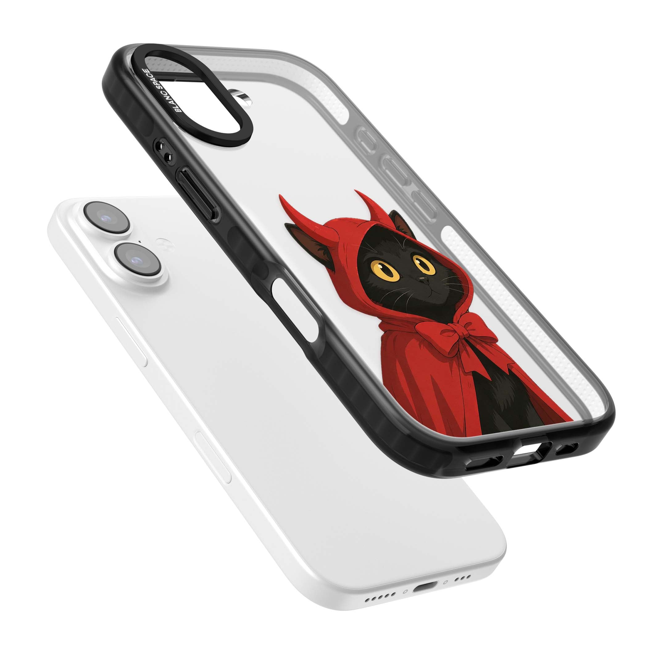 Little Devil halloween iPhone case featuring a black cat in a red hooded devil cloak with horns and golden eyes | Clear Impact case for iPhone 17