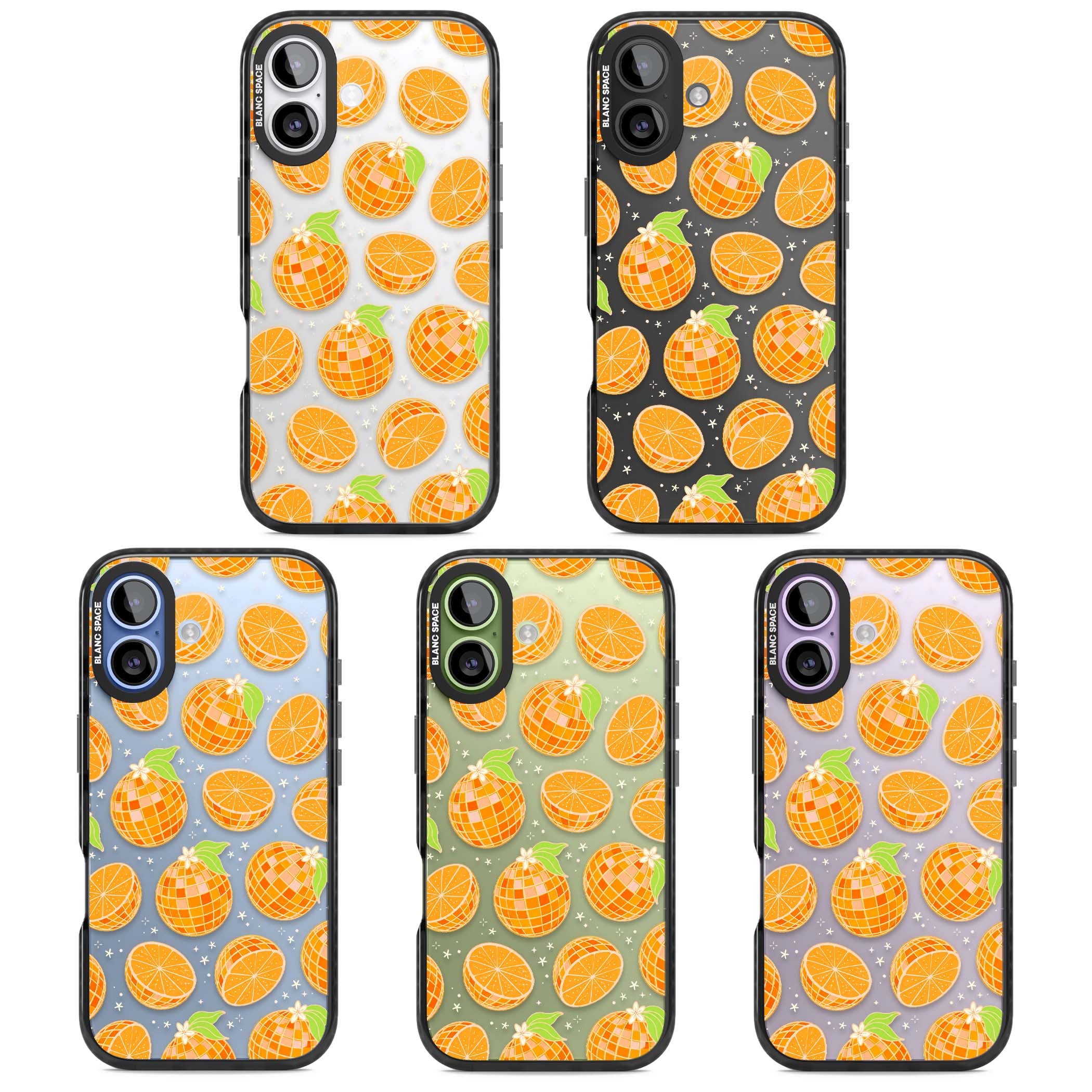 Disco Oranges retro iPhone case featuring mirrorball oranges, citrus slices and tiny blossoms on clear | Clear Impact case for iPhone 17