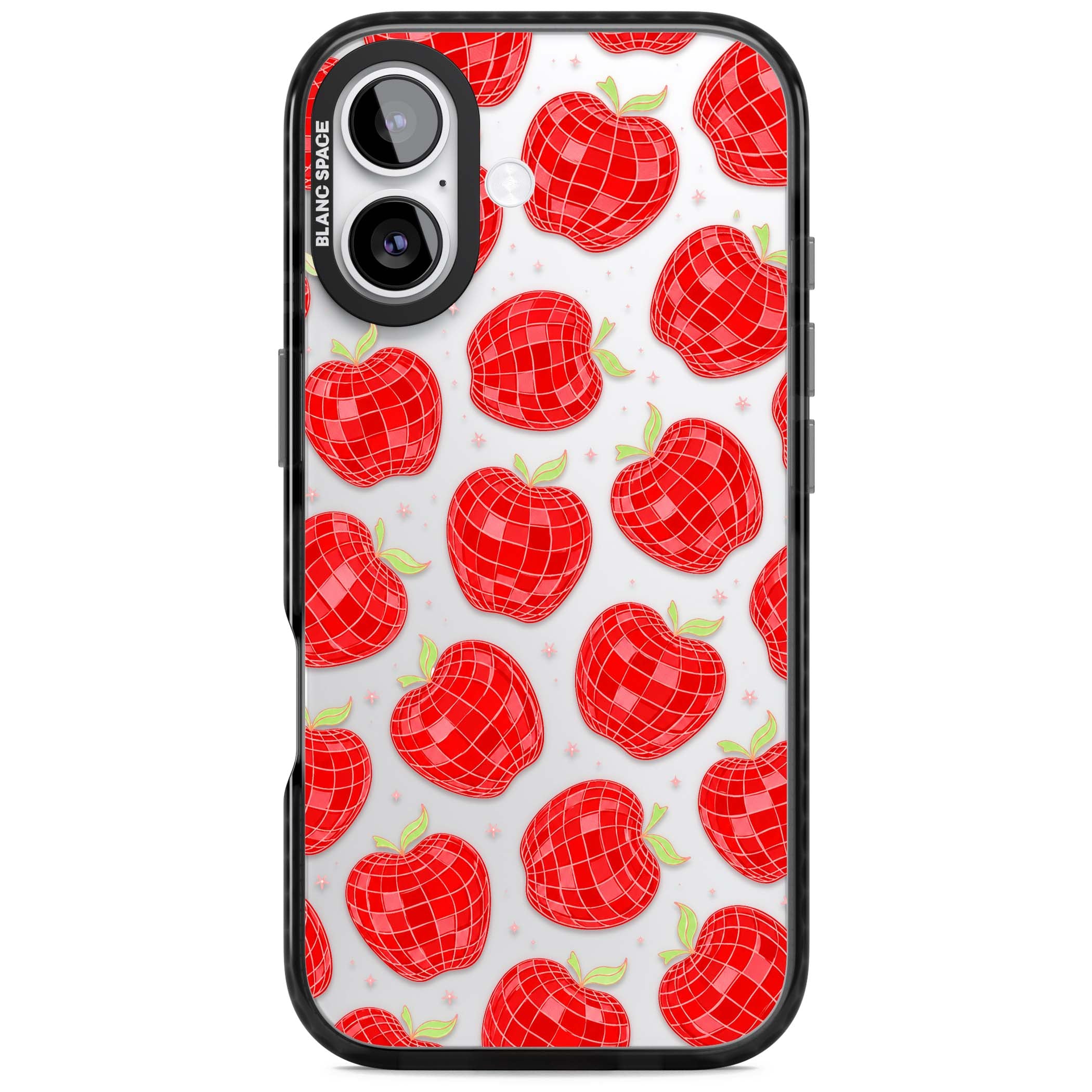 Disco Apples Y2K iPhone case featuring red disco ball apples, green leaves and pink sparkles on clear | Clear Impact case for iPhone 17