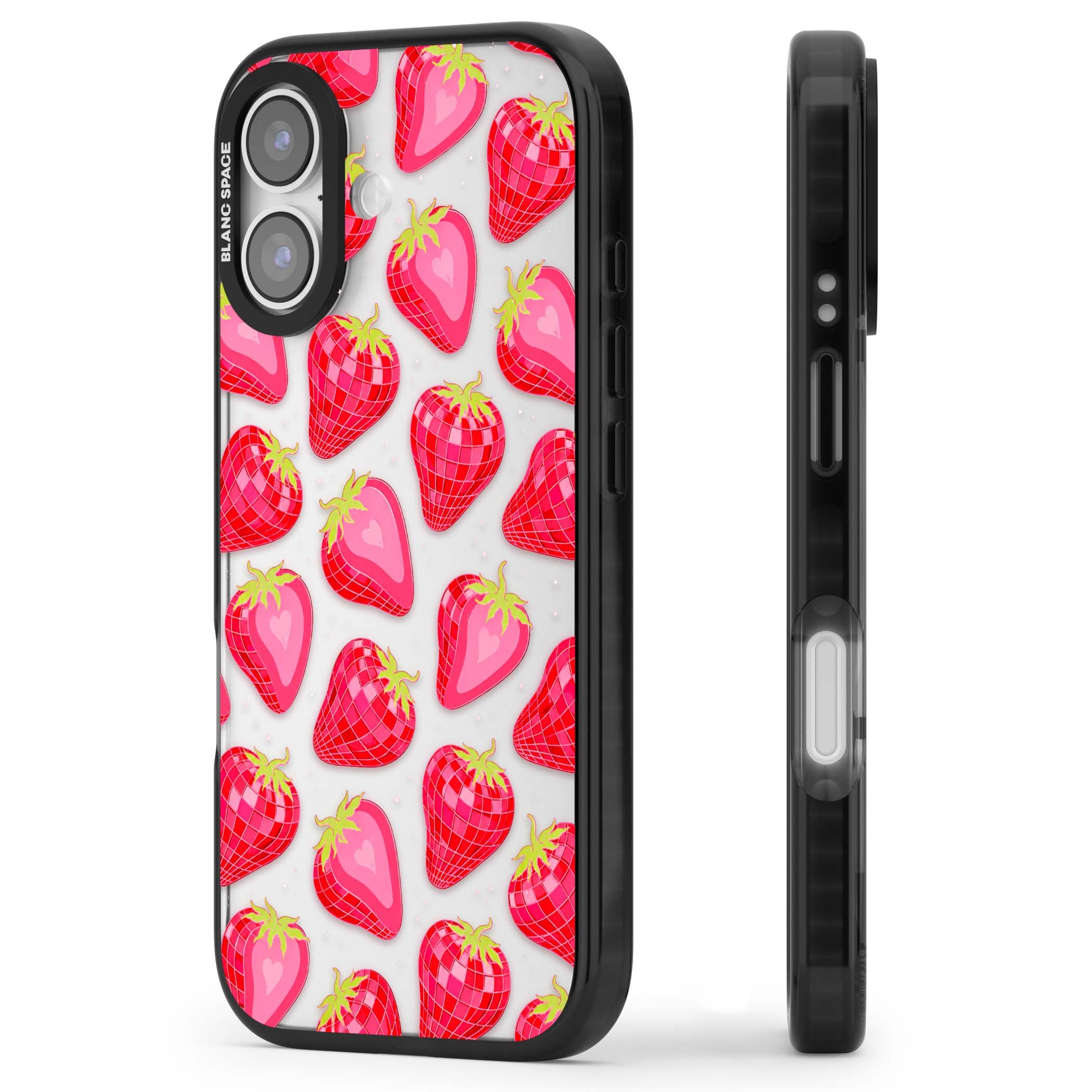 Disco Strawberry Y2K iPhone case featuring pink disco-ball strawberries, green leaves and tiny sparkles | Clear Impact case for iPhone 17