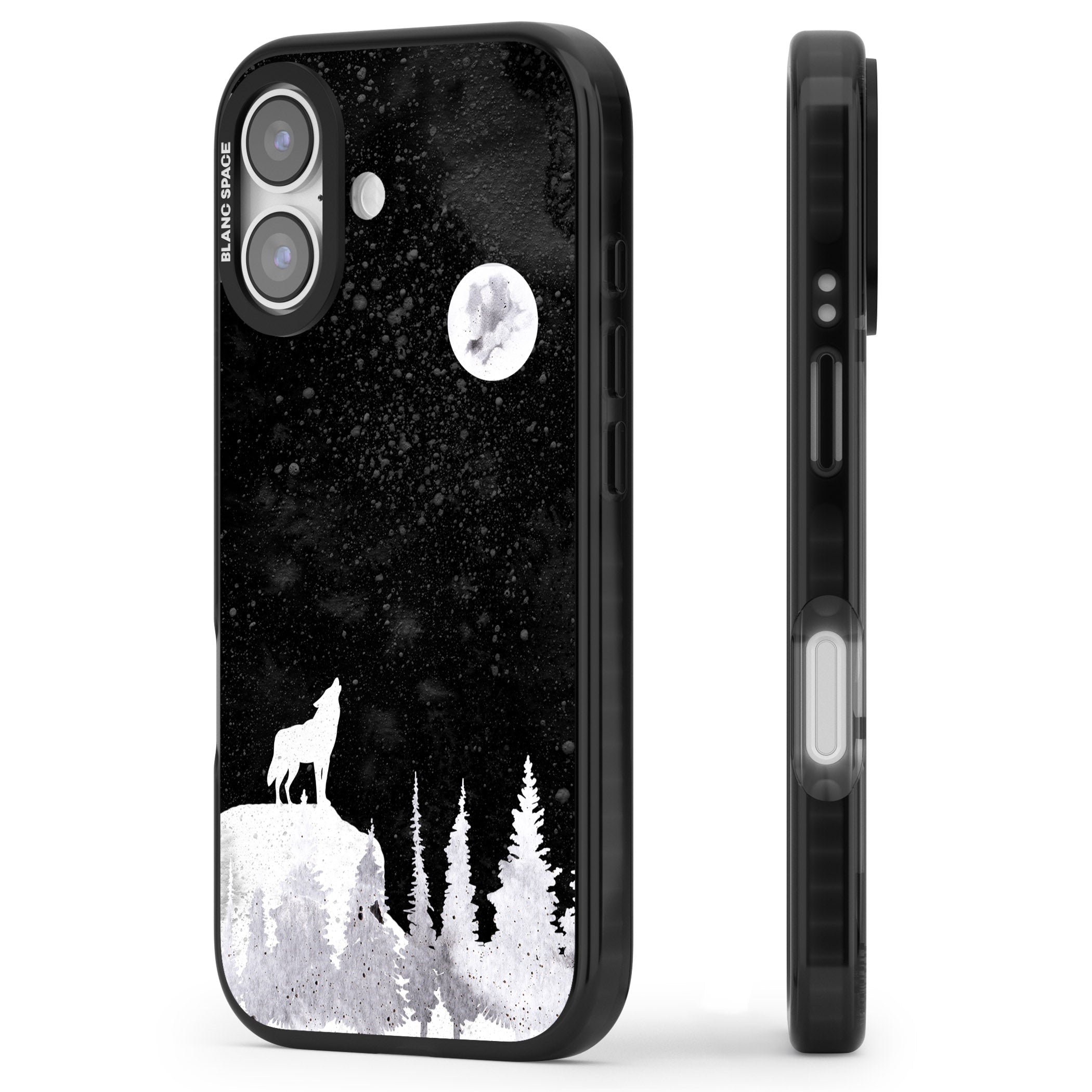 Moon Phases: Wolf & Full Moon iPhone 17 Impact Black Phone Case Side Profile