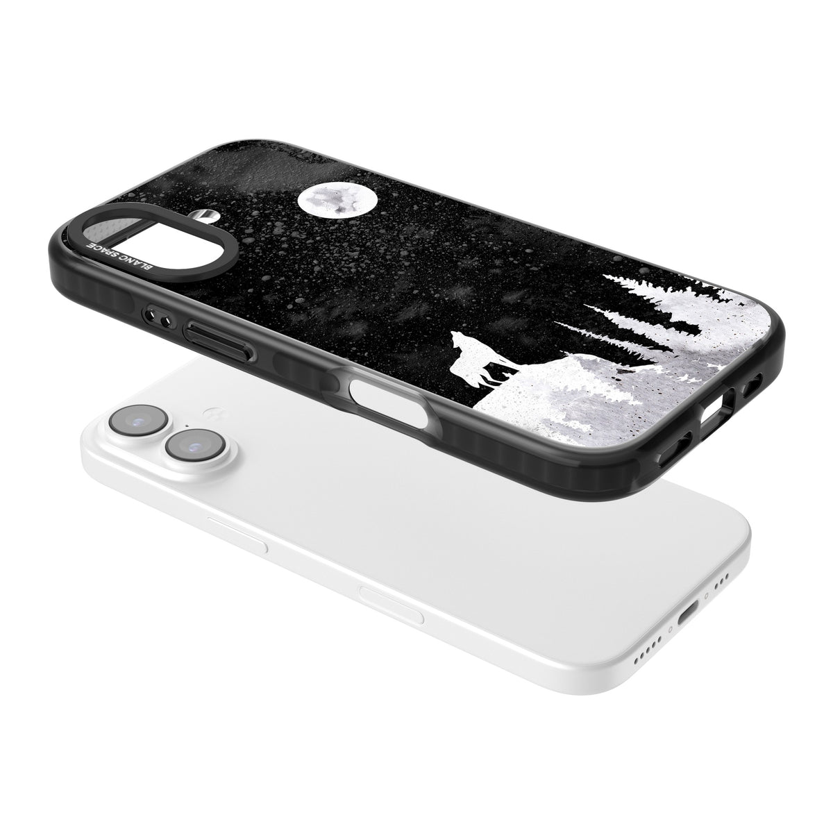 Lunar Howl iPhone 16 / iPhone 16 Plus / iPhone 17 Impact Black Phone Case angled