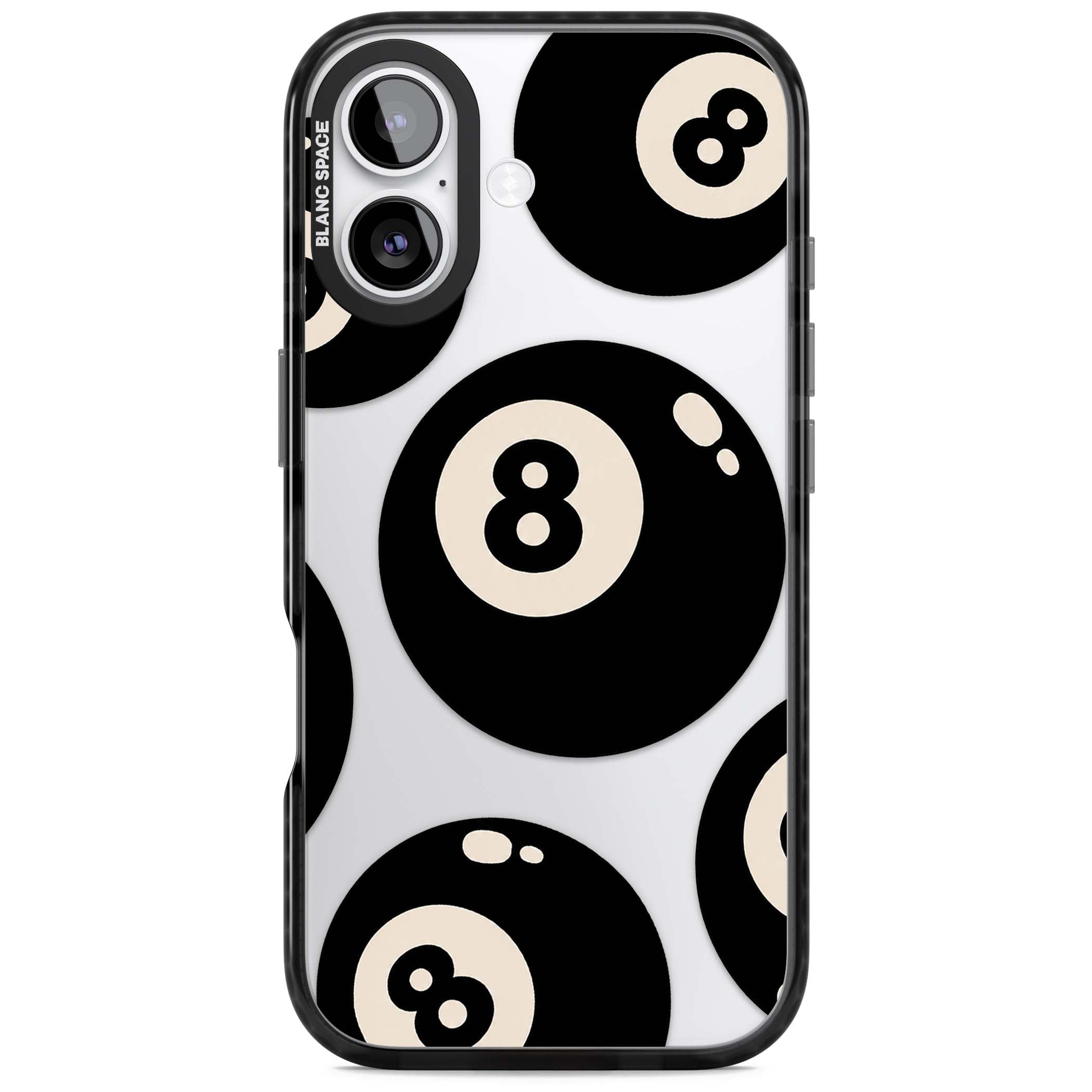 Eights y2k iPhone case featuring scattered black 8 balls with cream highlights on a clear background | Clear Impact case for iPhone 17