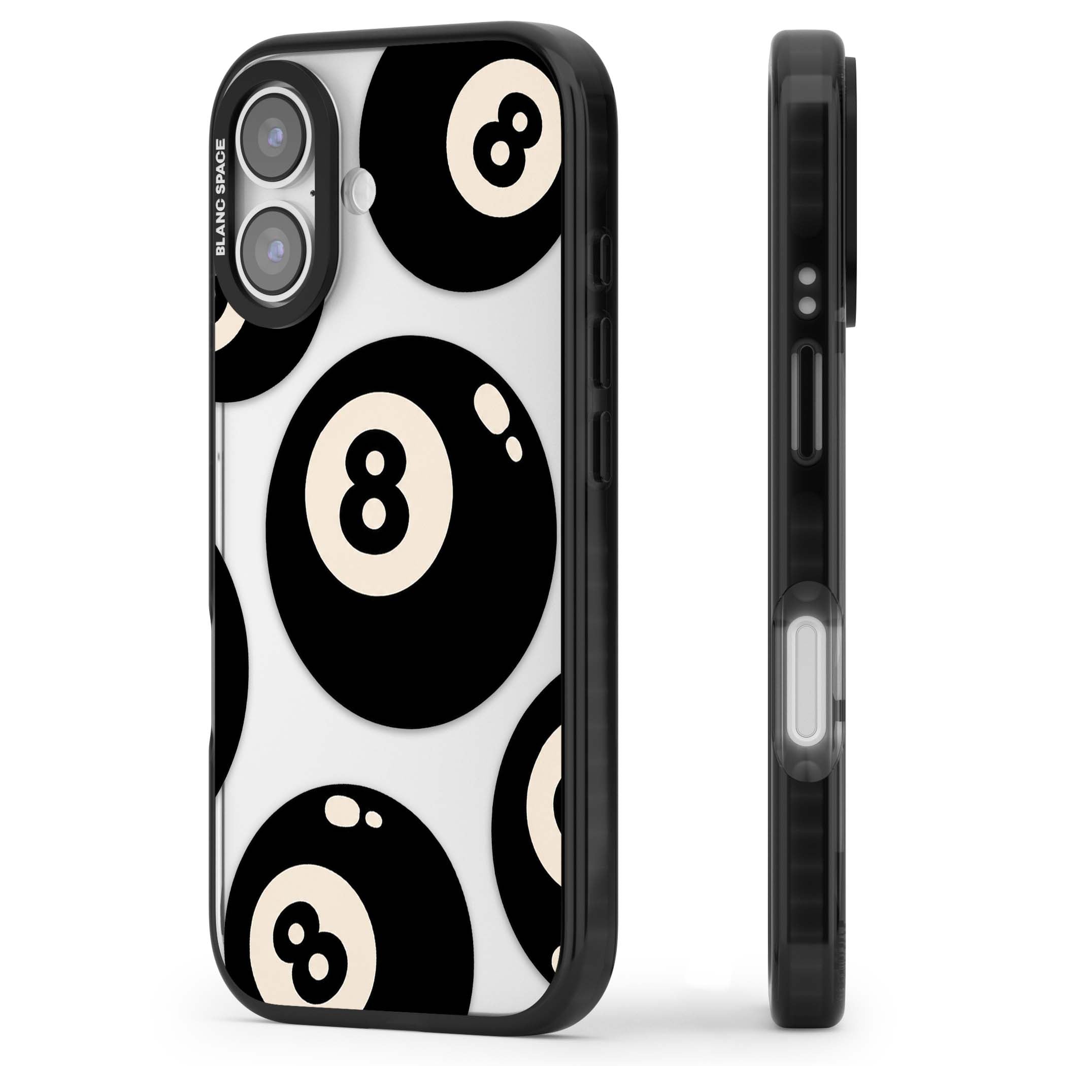 Eights y2k iPhone case featuring scattered black 8 balls with cream highlights on a clear background | Clear Impact case for iPhone 17