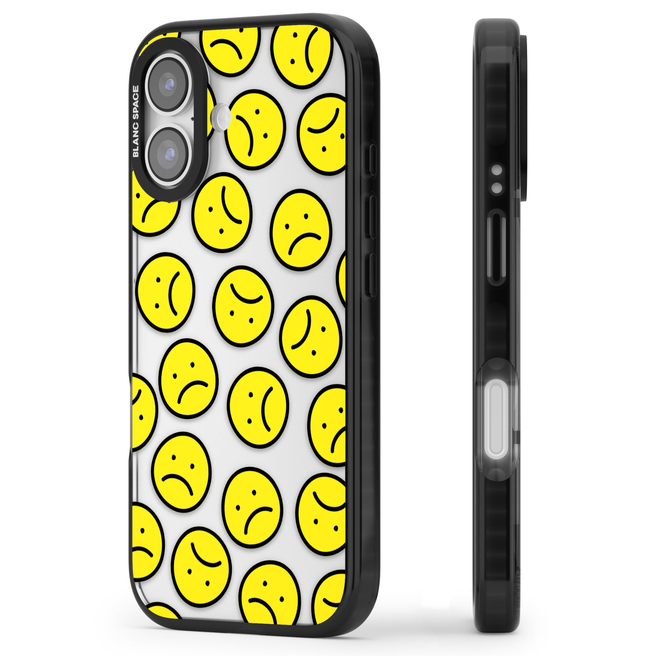 Sad Face Clear Pattern iPhone 17 Impact Black Phone Case Side Profile