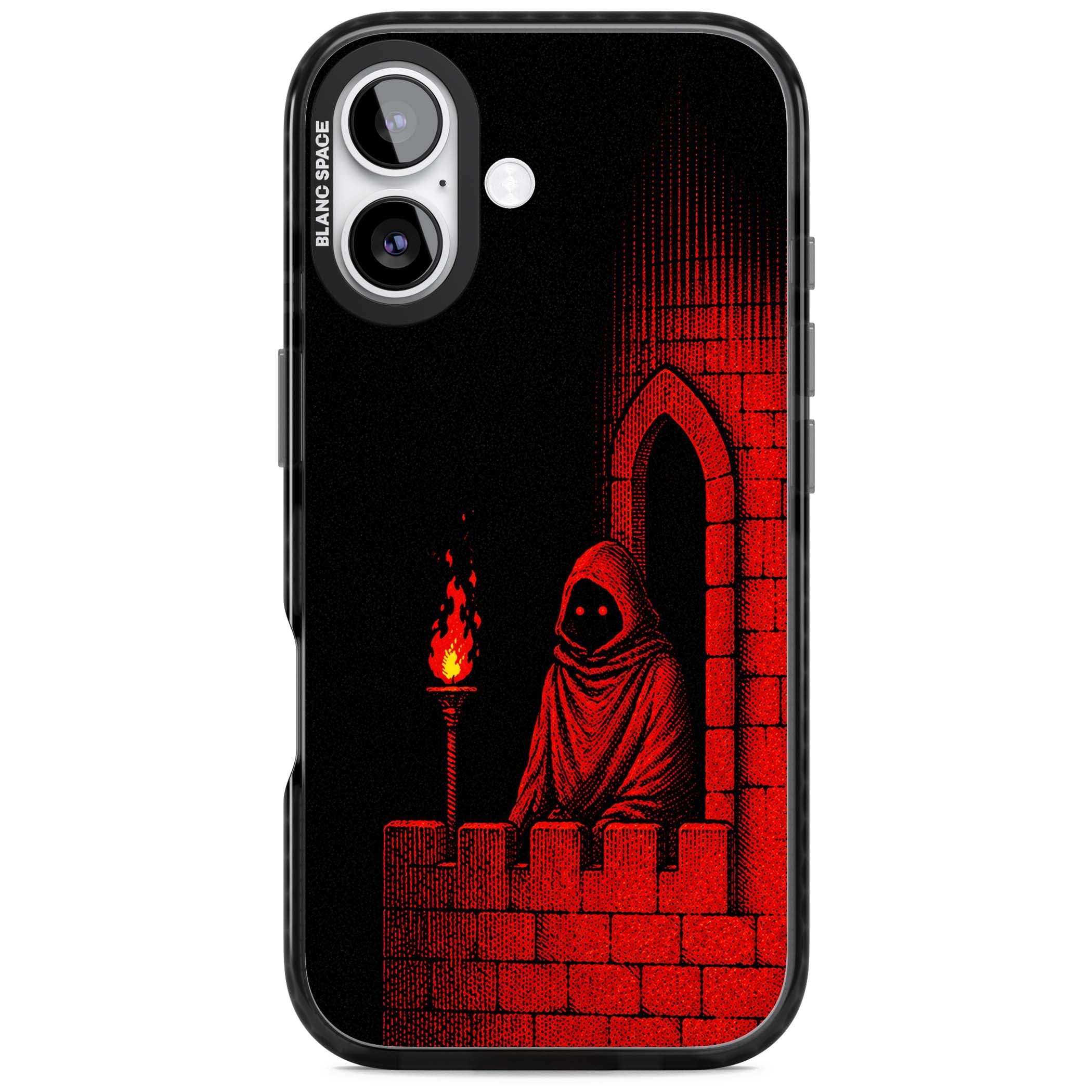Crimson Crypt gothic iPhone case featuring a hooded reaper, torchlit crypt archway and red halftone horror art | Clear Impact case for iPhone 17