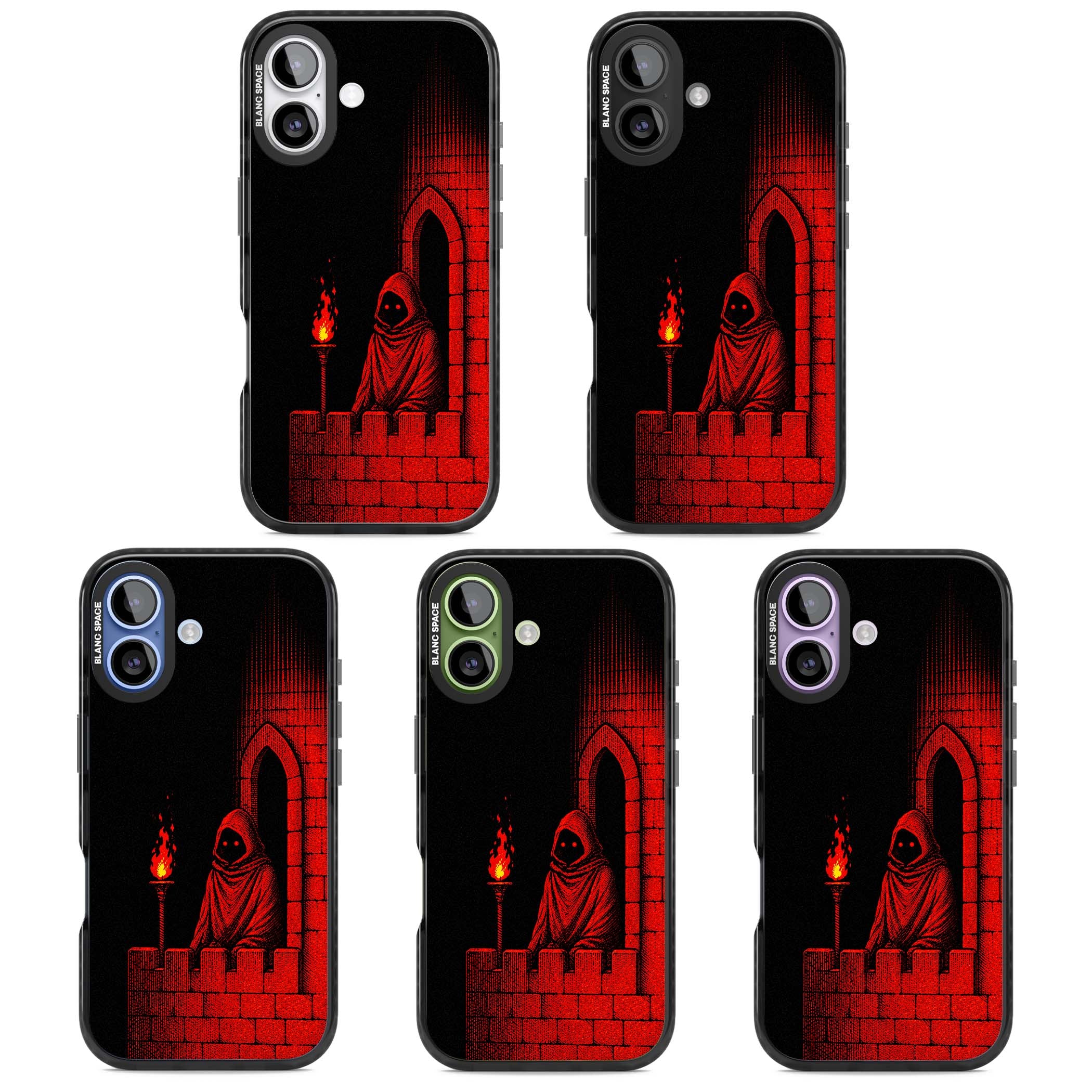 Crimson Crypt gothic iPhone case featuring a hooded reaper, torchlit crypt archway and red halftone horror art | Clear Impact case for iPhone 17