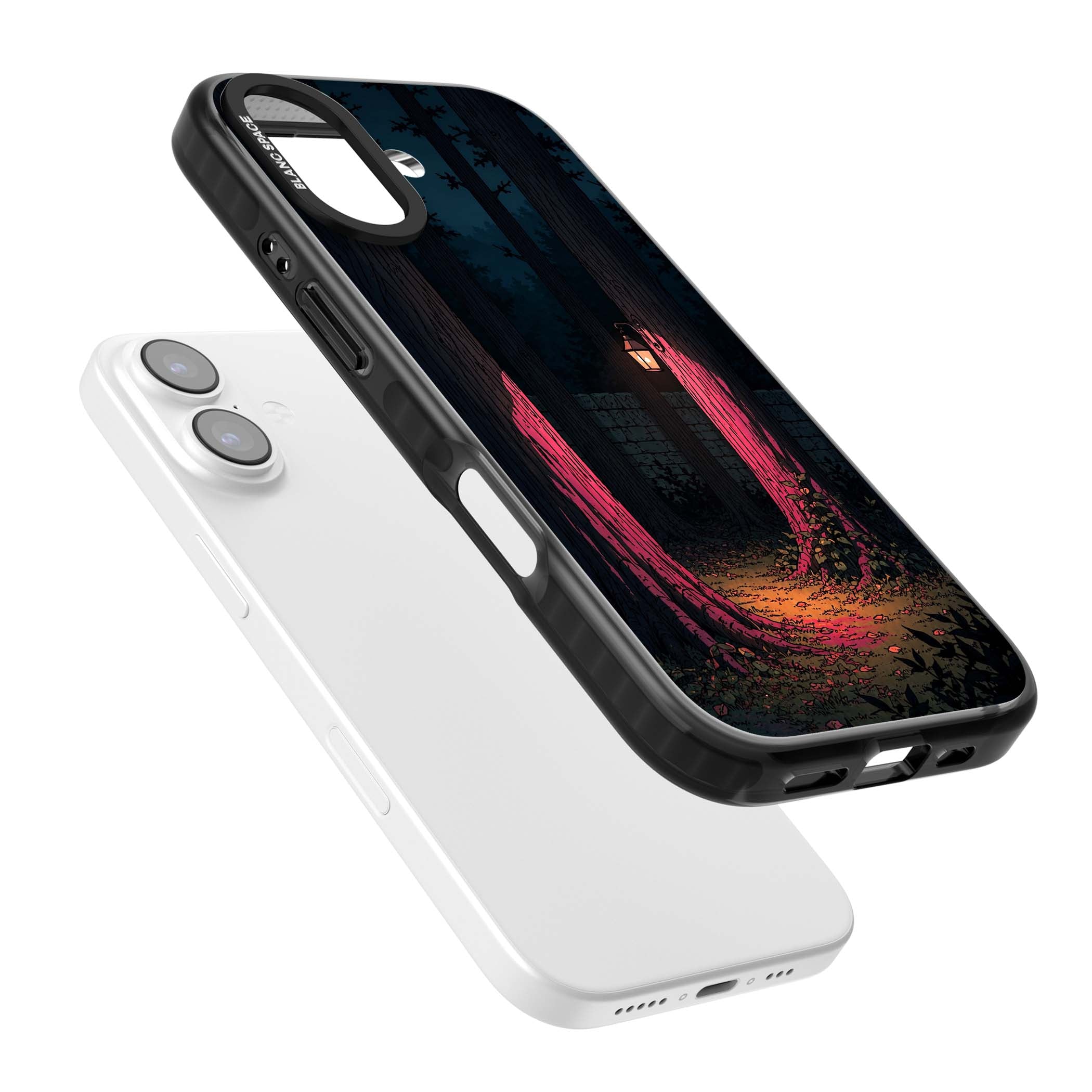 Forest Lantern dark academia iPhone case featuring a moonlit forest, glowing lantern, and stone wall pathway | Clear Impact case for iPhone 17