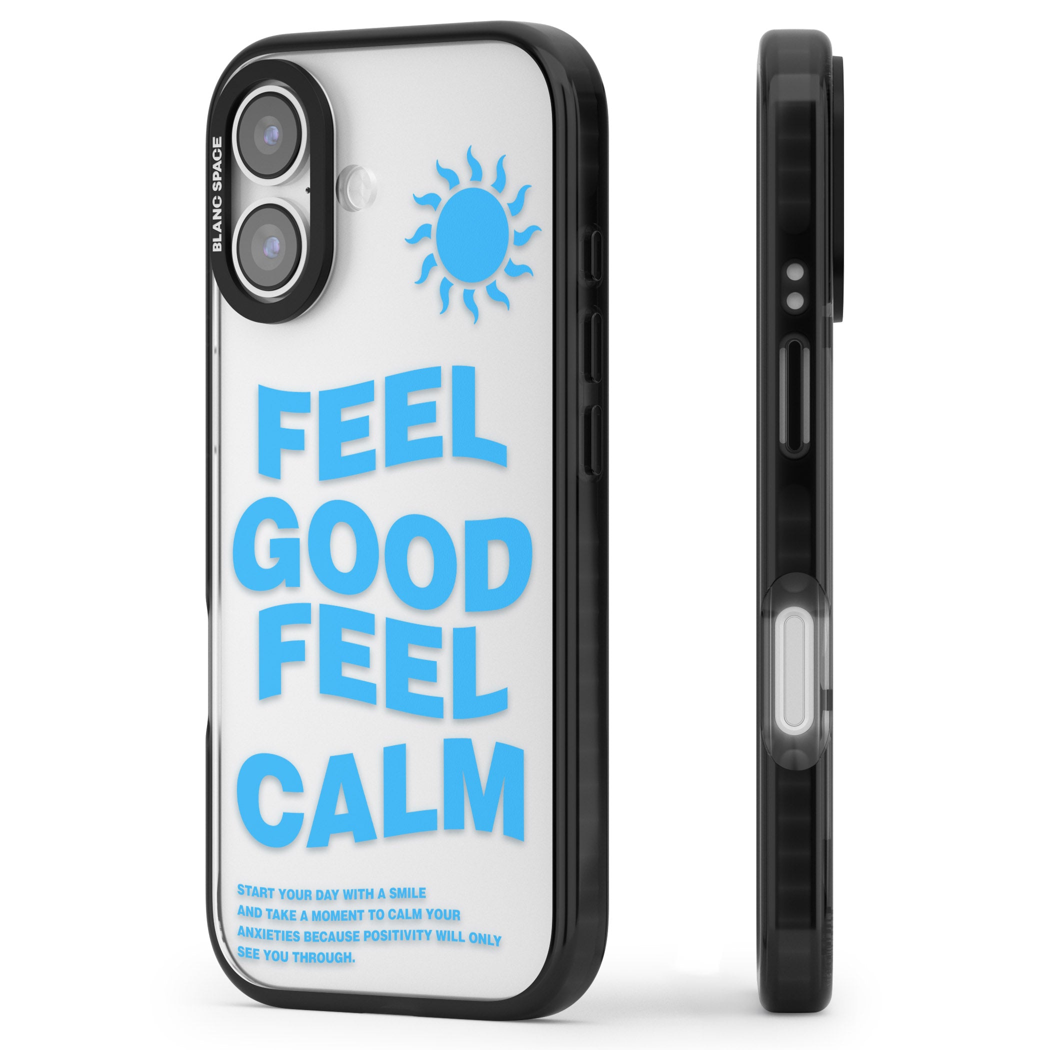 Feel Good Feel Calm (Blue) iPhone 17 Impact Black Phone Case Side Profile