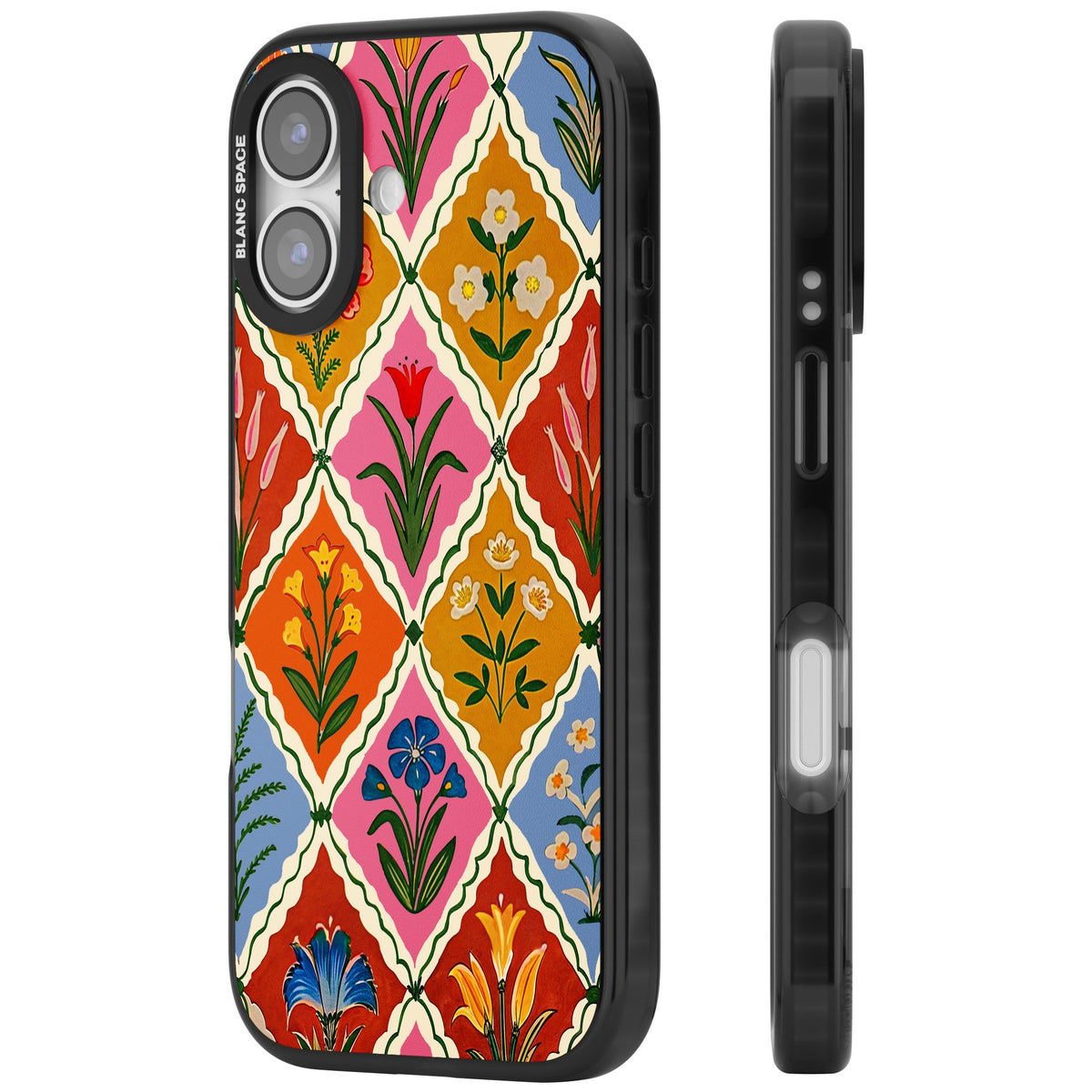 Floral Quilt iPhone 16 / iPhone 16 Plus / iPhone 17 Impact Black Phone Case side