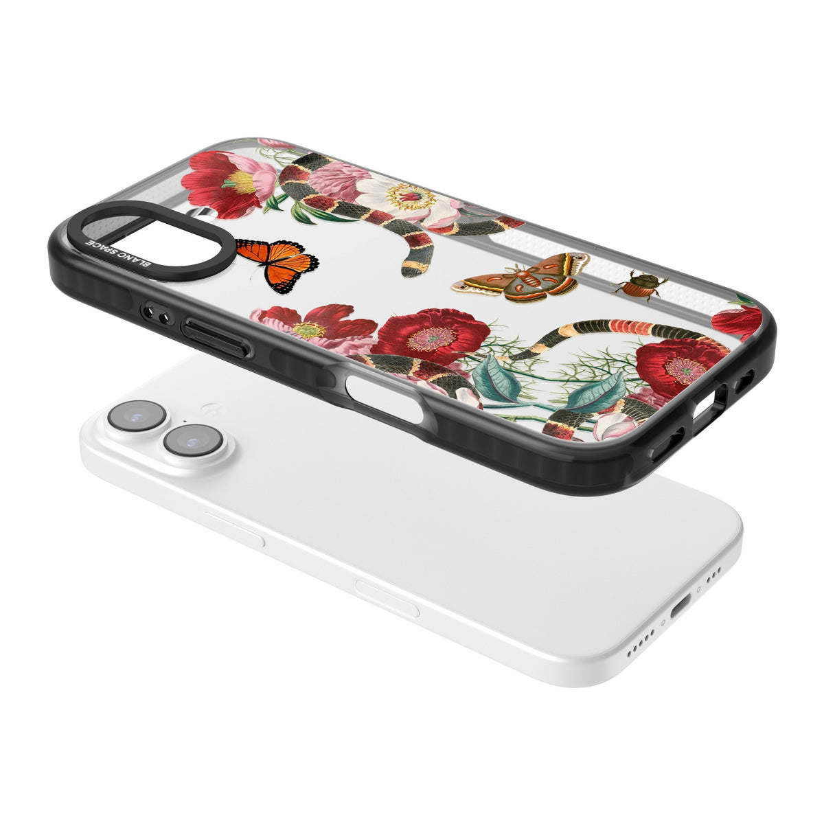 Botanical Snake iPhone 16 / iPhone 16 Plus / iPhone 17 Impact Black Phone Case angled