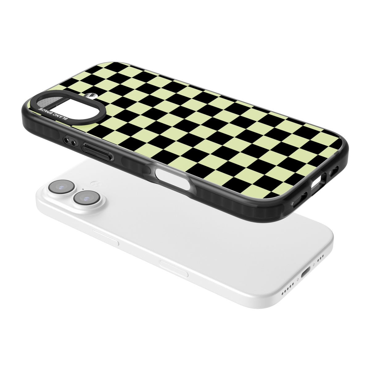 Black & Lime Check iPhone 16 / iPhone 16 Plus / iPhone 17 Impact Black Phone Case angled