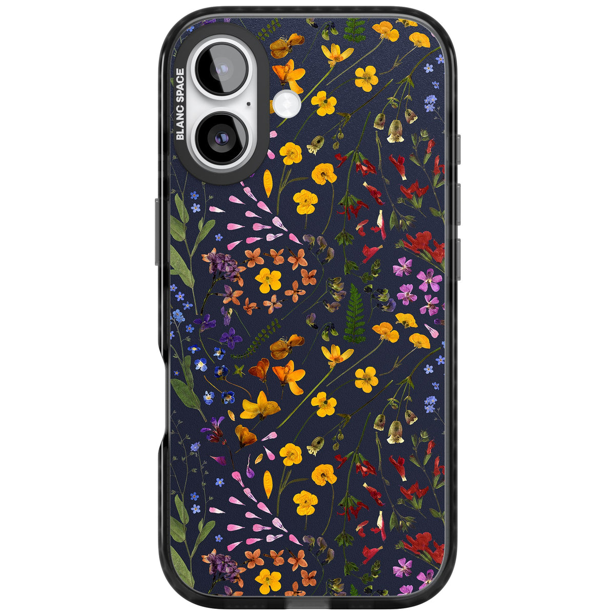 Wildflowers & Leaves In Navy iPhone 16 / iPhone 16 Plus / iPhone 17 Impact Black Phone Case front