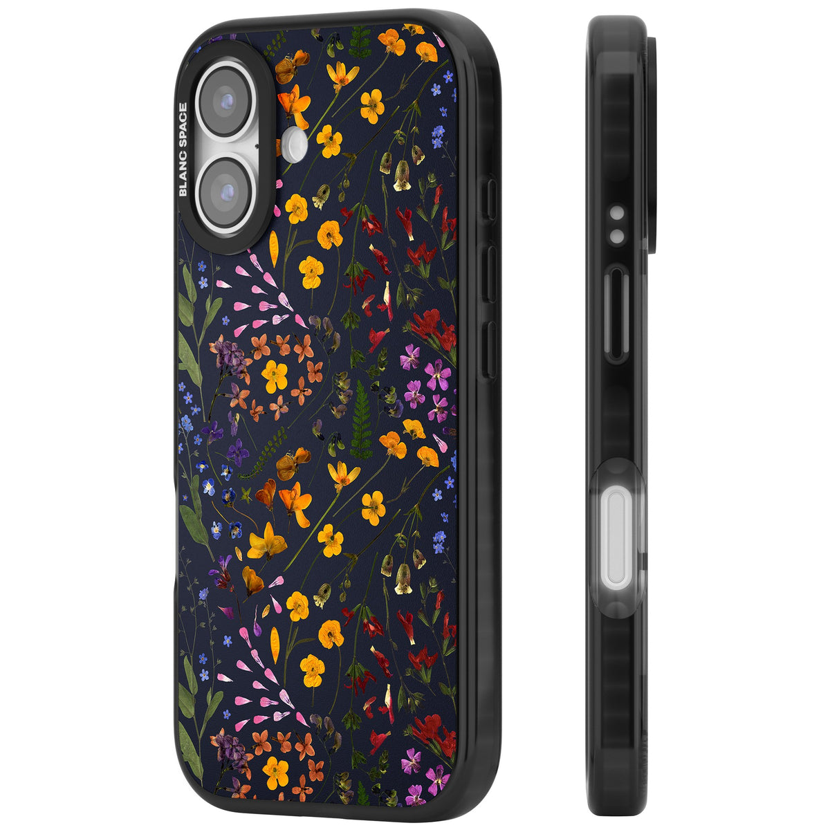 Wildflowers & Leaves In Navy iPhone 16 / iPhone 16 Plus / iPhone 17 Impact Black Phone Case side