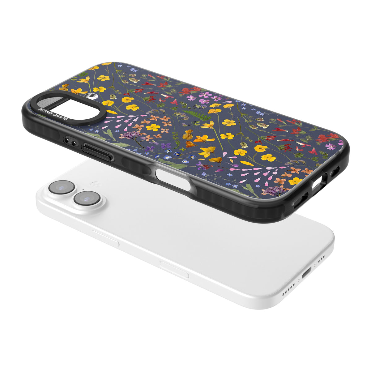 Wildflowers & Leaves In Navy iPhone 16 / iPhone 16 Plus / iPhone 17 Impact Black Phone Case angled