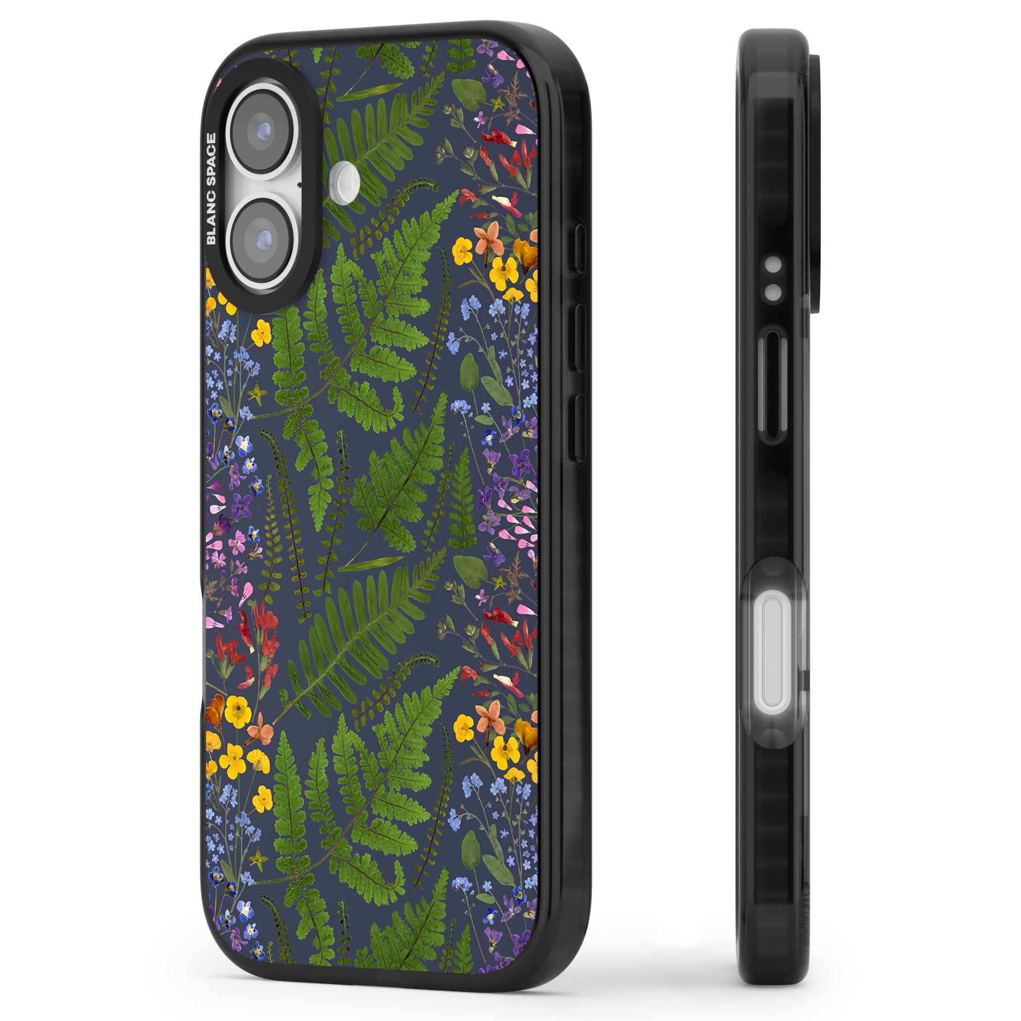 Busy Floral And Fern Design Navy iPhone 17 Impact Black Phone Case Side Profile
