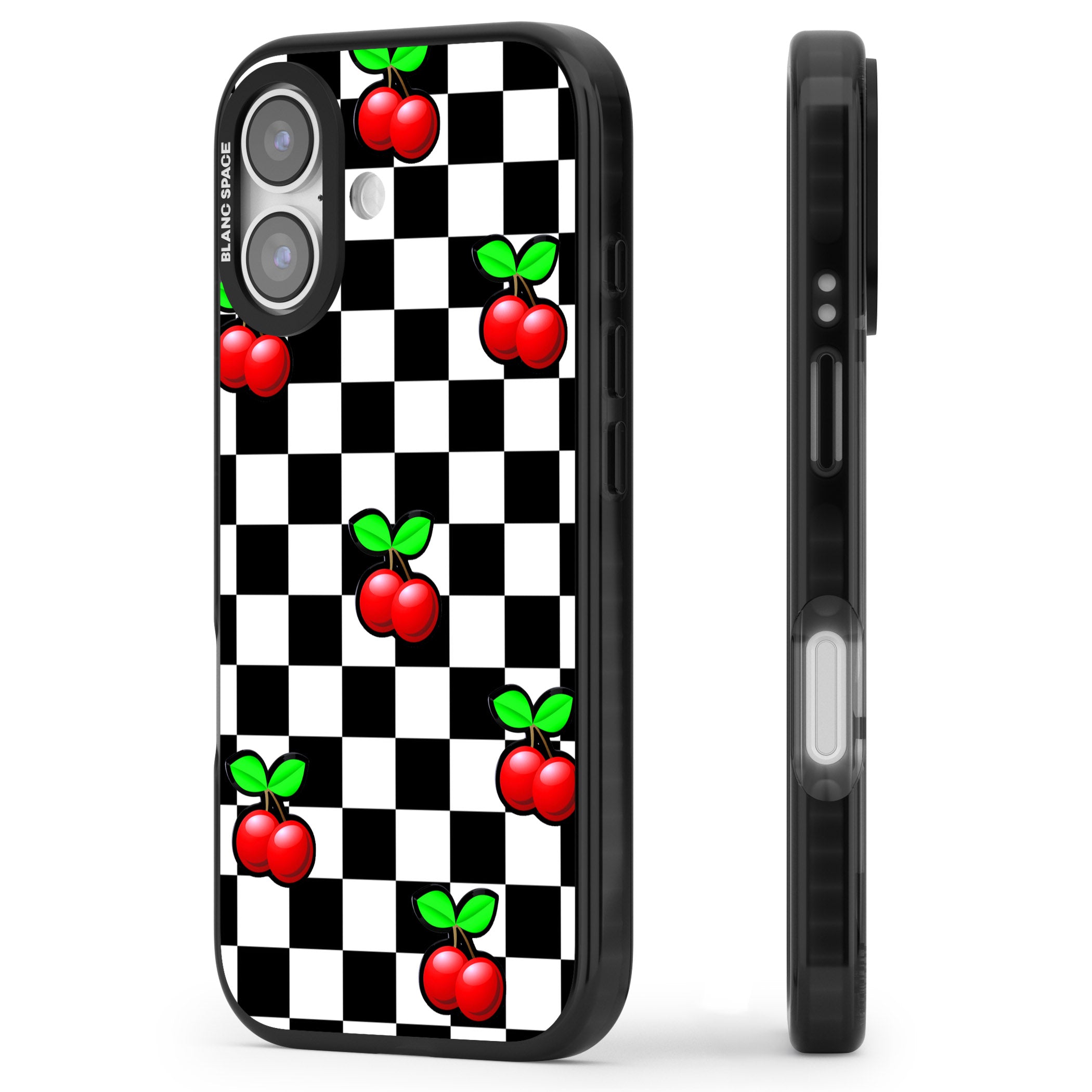 Checkered Cherry iPhone 17 Impact Black Phone Case Side Profile