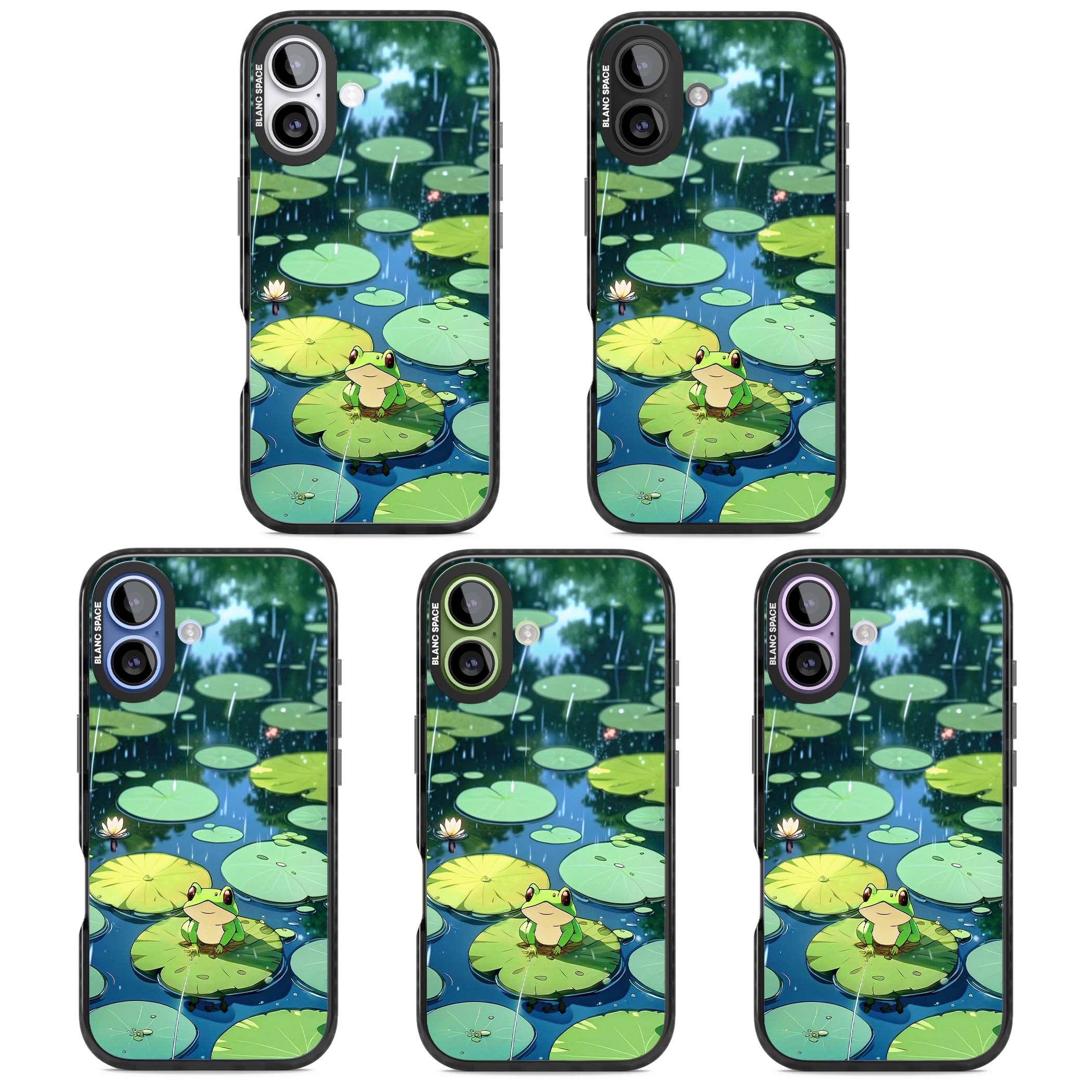Frog In Lily Pond cottagecore iPhone case featuring a cute green frog on a lily pad with falling rain and a lotus flower | Clear Impact case for iPhone 17
