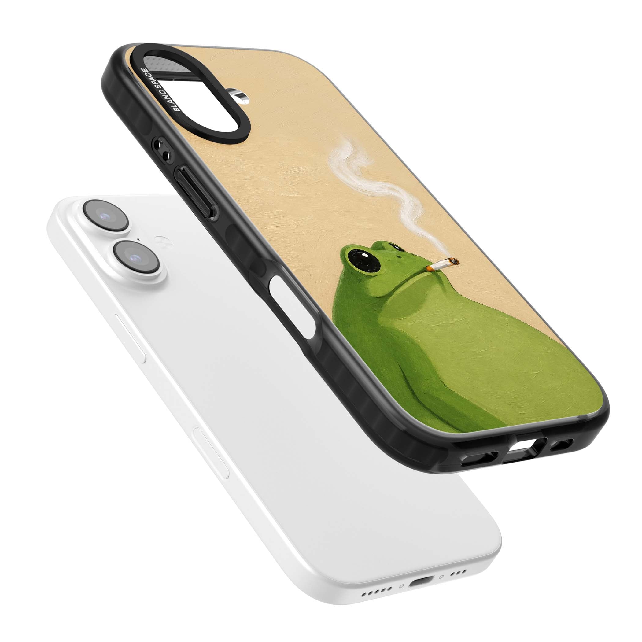 The Smoking Frog cottagecore iPhone case featuring a hand-painted green frog smoking a cigarette on a cream oil painting back | Clear Impact case for iPhone 17