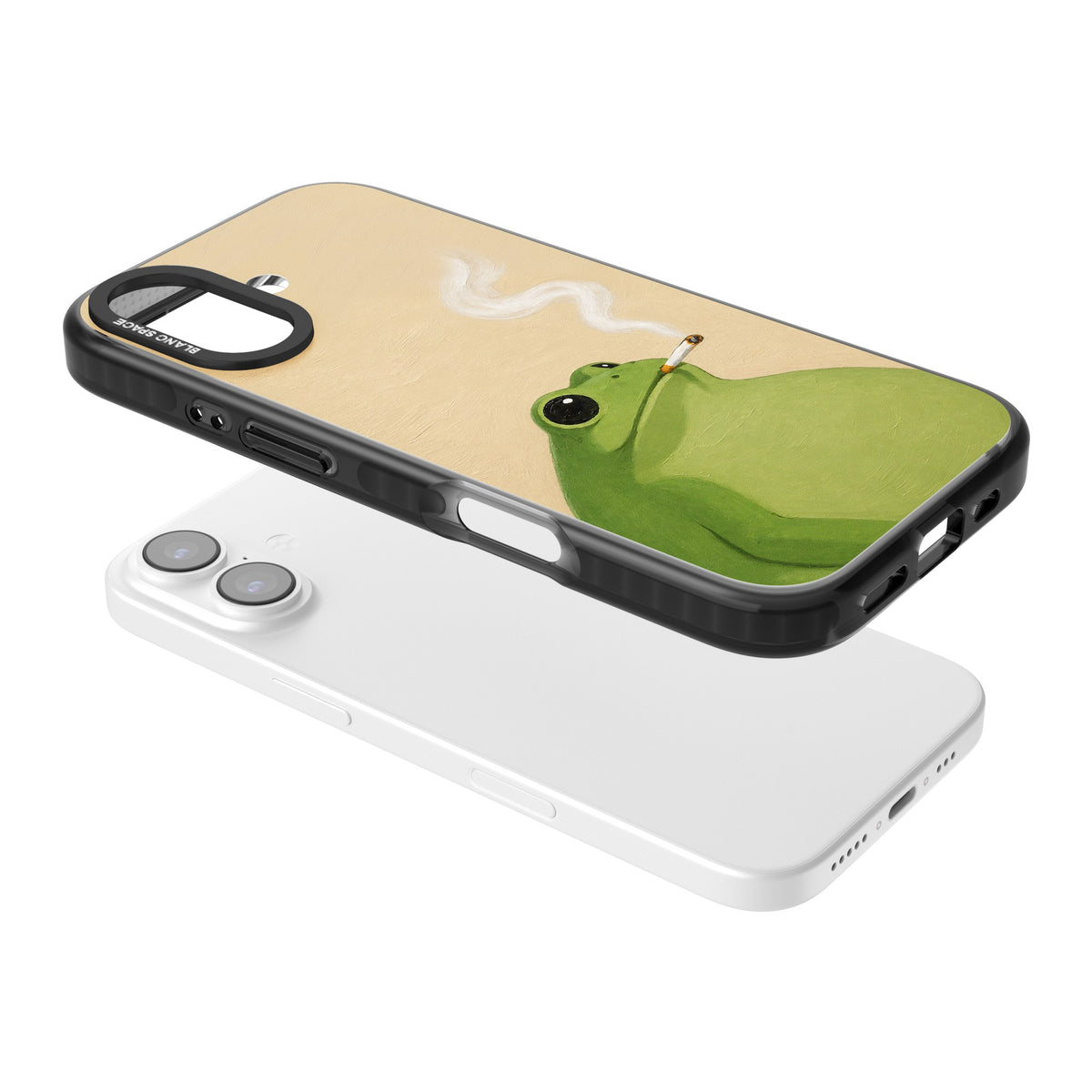 The Smoking Frog iPhone 16 / iPhone 16 Plus / iPhone 17 Impact Black Phone Case angled