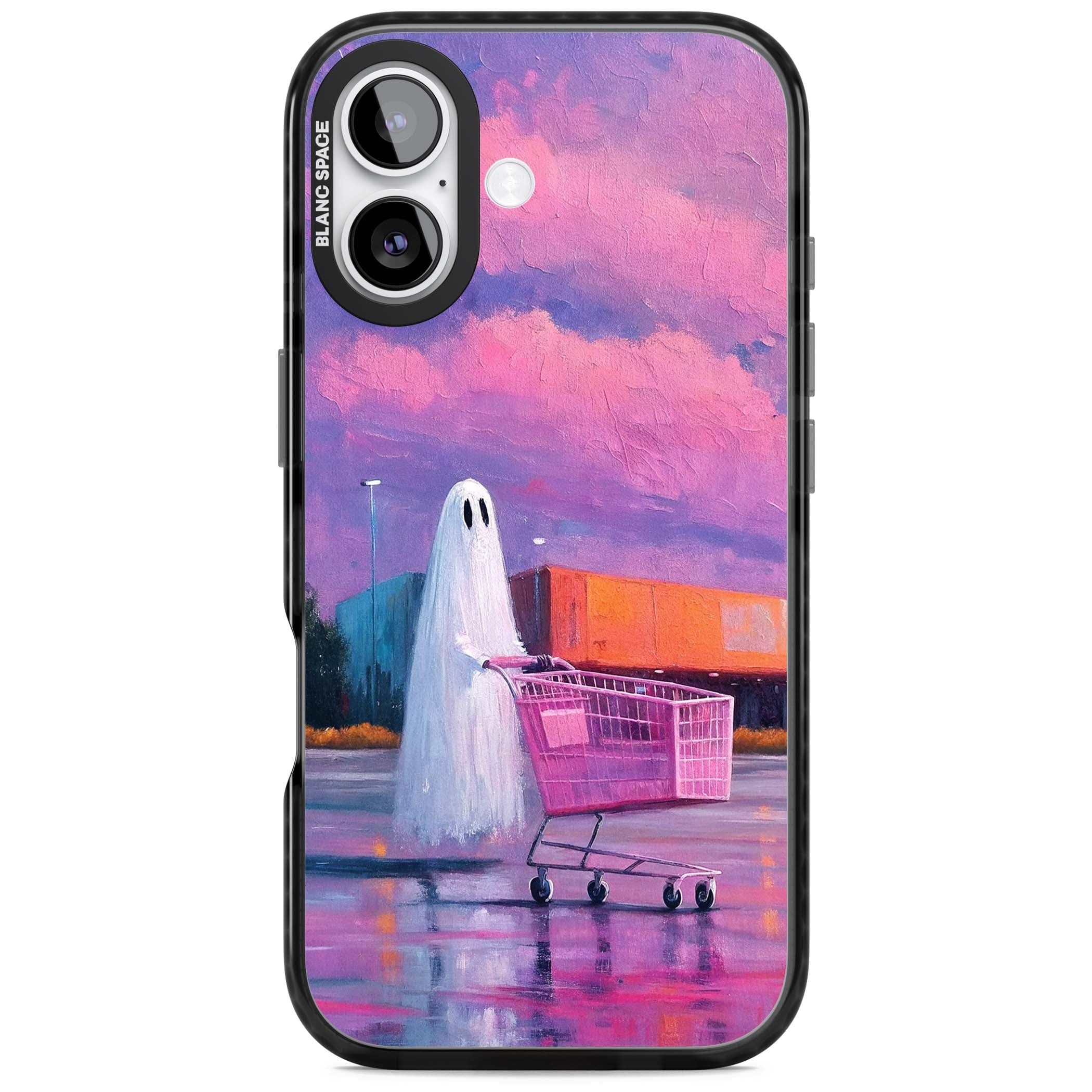 A Ghost's Errand ghost halloween iPhone case featuring a painted ghost, pink shopping trolley and purple sunset sky | Clear Impact case for iPhone 17