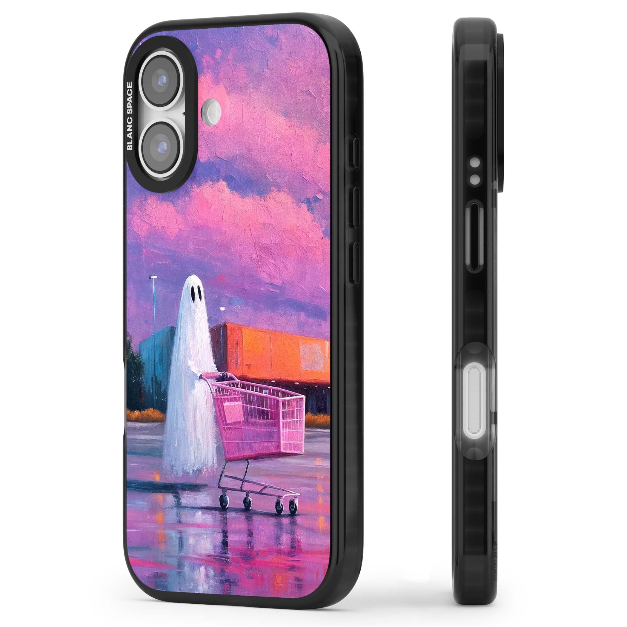 A Ghost's Errand ghost halloween iPhone case featuring a painted ghost, pink shopping trolley and purple sunset sky | Clear Impact case for iPhone 17