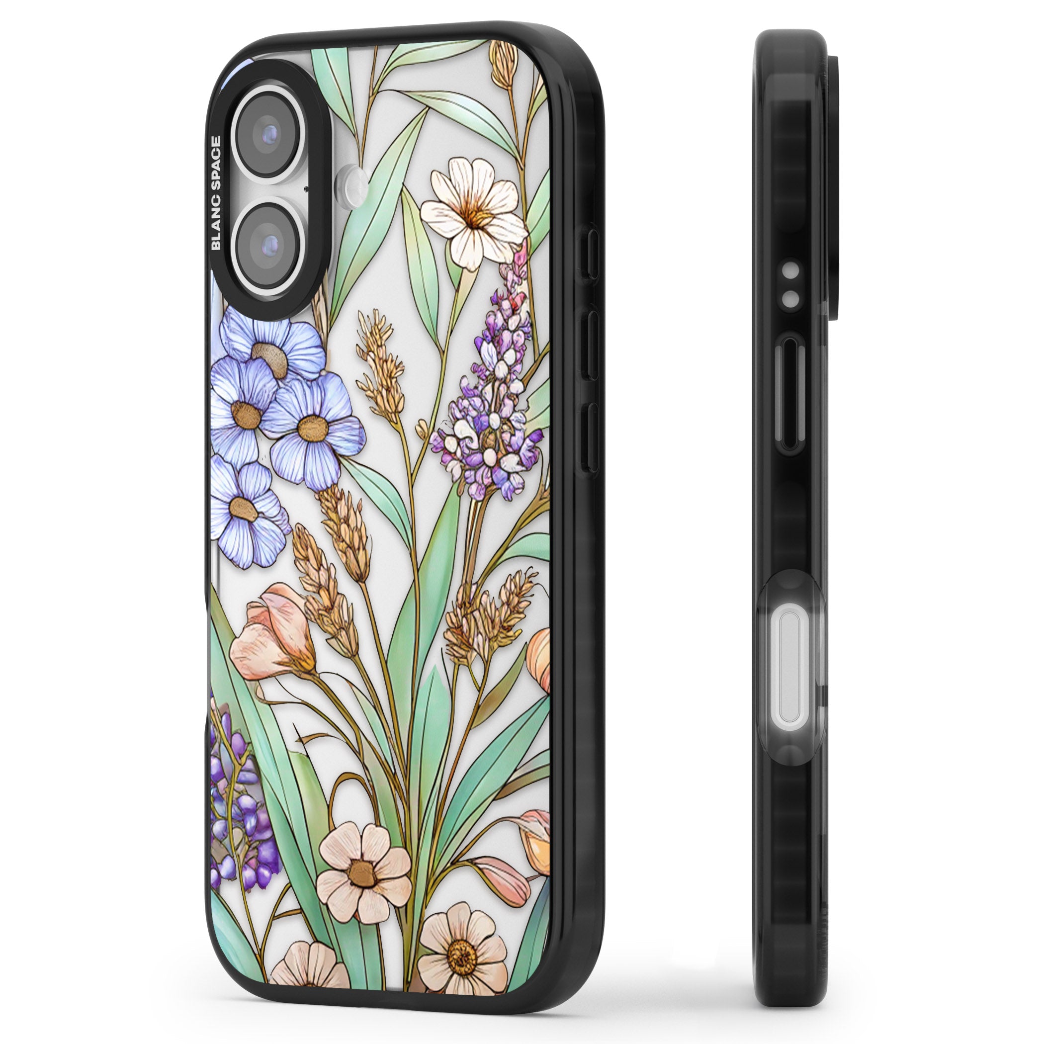 Glass Lavenders & Daisies iPhone 17 Impact Black Phone Case Side Profile