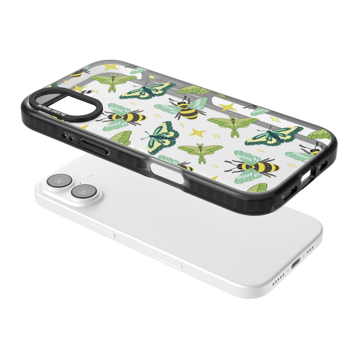 Bees and Moths iPhone 16 / iPhone 16 Plus / iPhone 17 Impact Black Phone Case angled