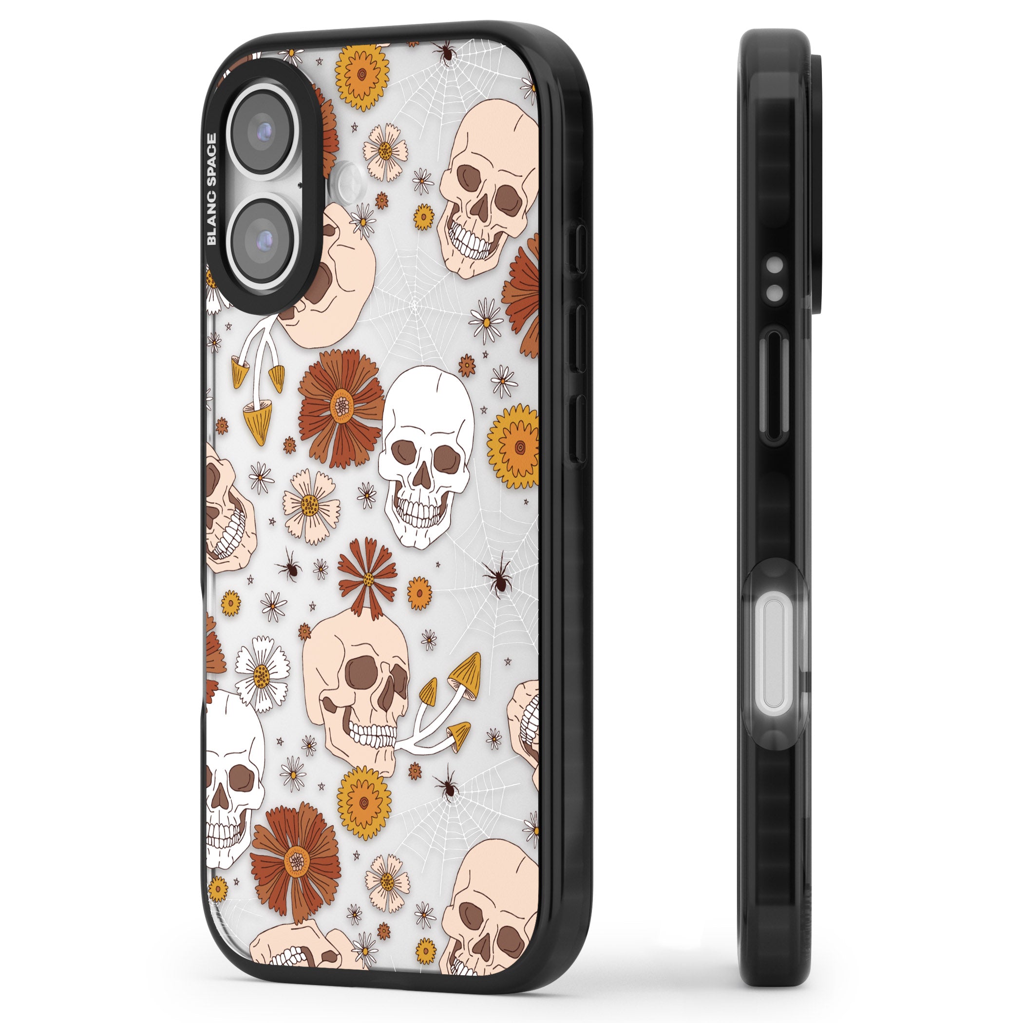 Halloween Skulls And Flowers iPhone 17 Impact Black Phone Case Side Profile