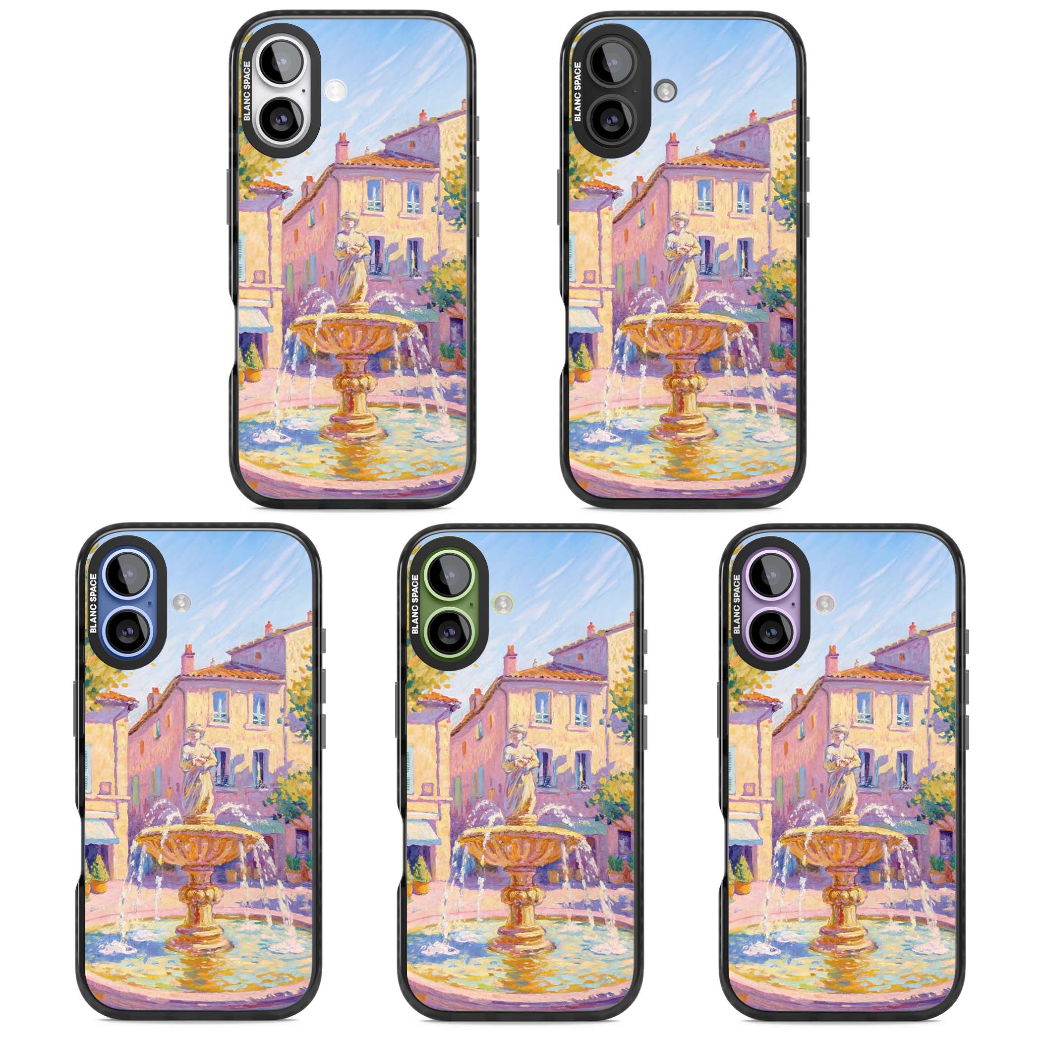 Fountain Square fine art iPhone case featuring an impressionist Provençal fountain, pastel village buildings and summe | Clear Impact case for iPhone 17
