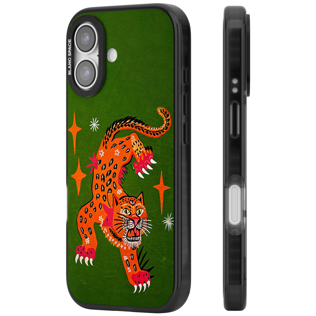 Fierce Jaguar iPhone 16 / iPhone 16 Plus / iPhone 17 Impact Black Phone Case side