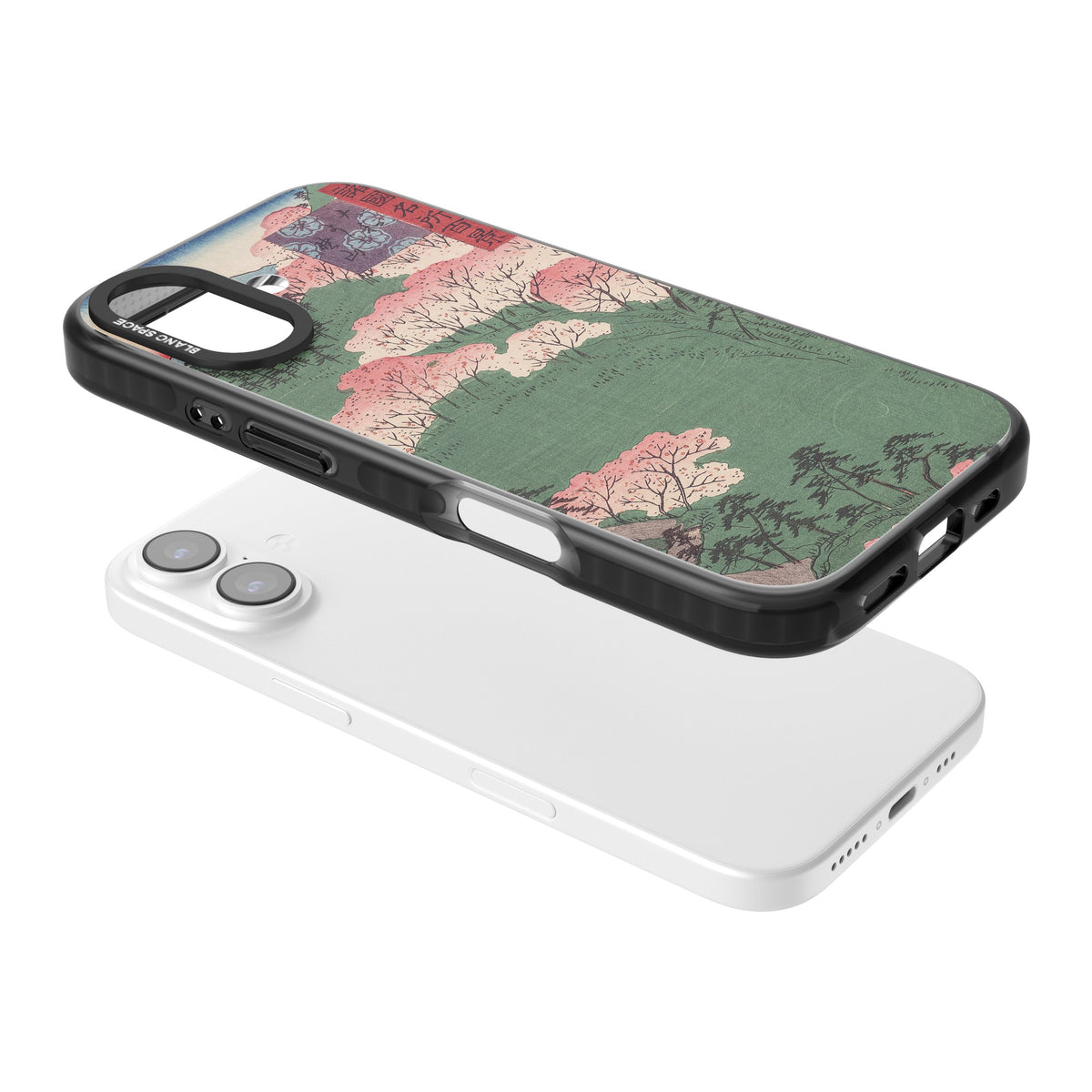Japanese Cherry Blossom Forest iPhone 16 / iPhone 16 Plus / iPhone 17 Impact Black Phone Case angled