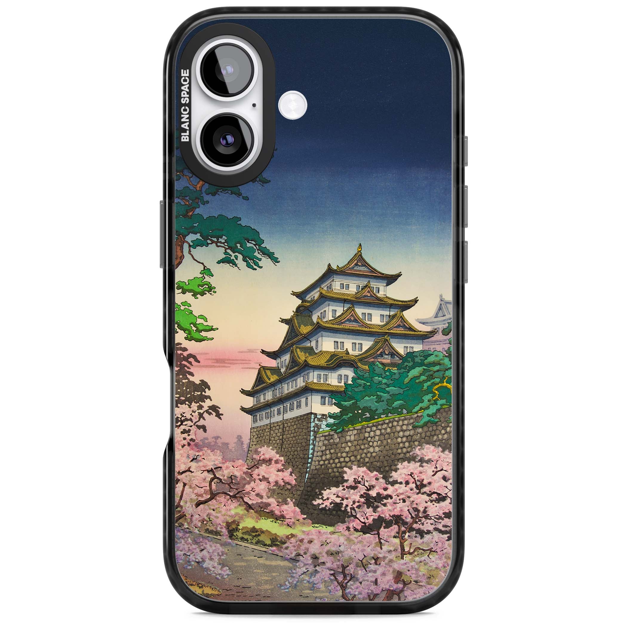 Nagoya Castle Japanese iPhone case featuring a vintage pagoda, twilight sky and cherry blossom trees | Clear Impact case for iPhone 17