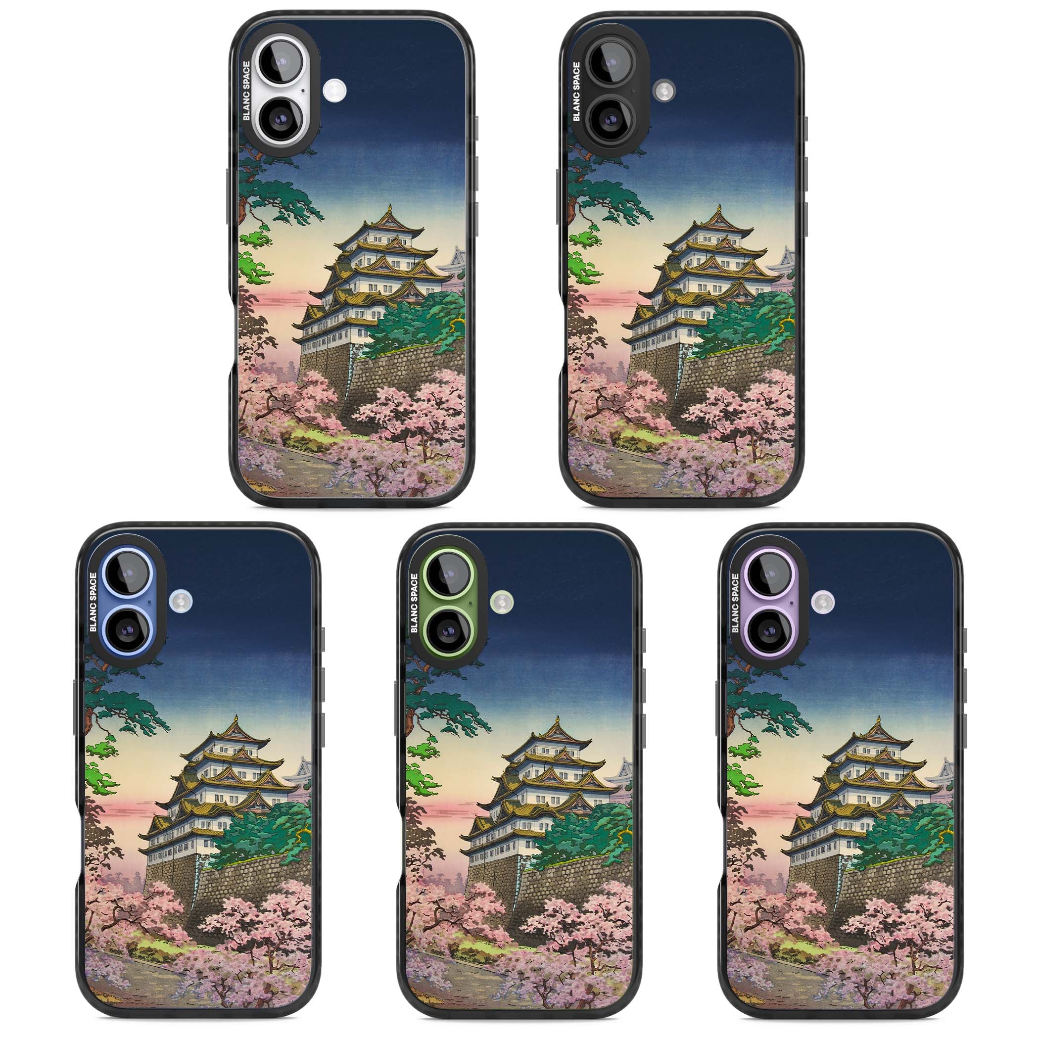 Nagoya Castle Japanese iPhone case featuring a vintage pagoda, twilight sky and cherry blossom trees | Clear Impact case for iPhone 17