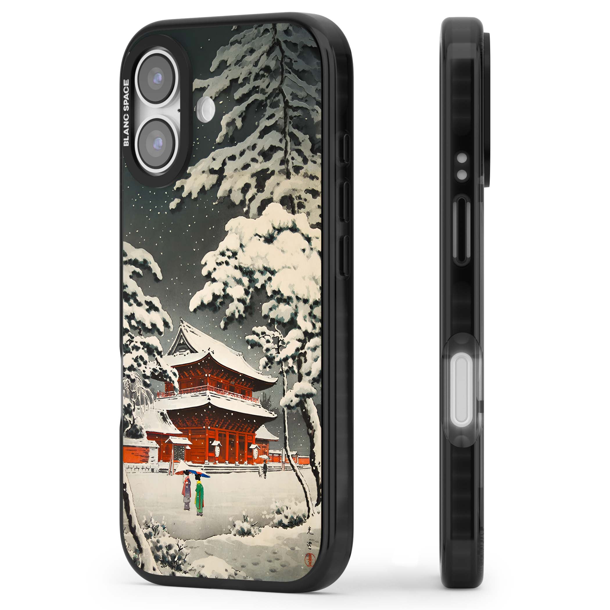 Snow at Shiha Park, Tokyo Japanese art iPhone case featuring a vintage ukiyo-e snowy temple, red pagoda, and snow-covered pin | Clear Impact case for iPhone 17