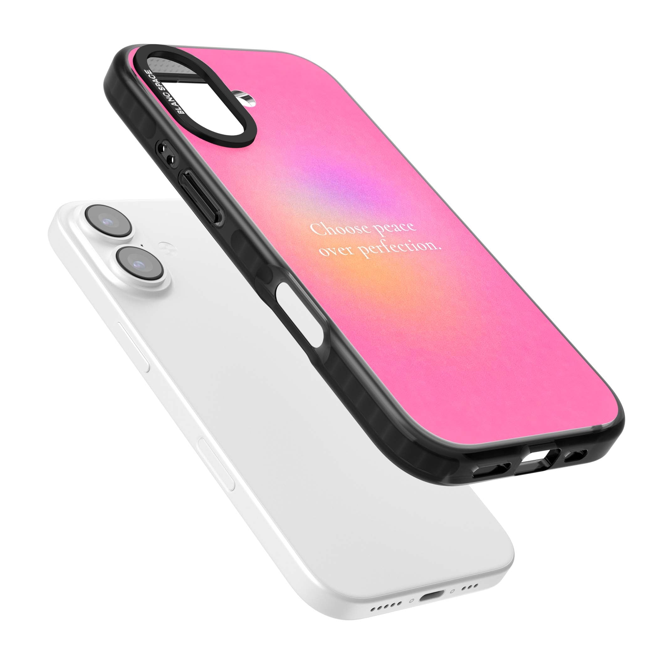 Peace Over Perfection quote iPhone case featuring a dreamy pink aura gradient and delicate white affirmation text | Black Impact Magsafe case for iPhone 17